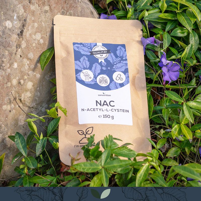 Beutel mit NAC Pulver, N-Acetyl-L-Cystein, 150g. Braune Verpackung mit blauem Etikett, Qualitätszeichen. Grünpflanzen im Hintergrund.