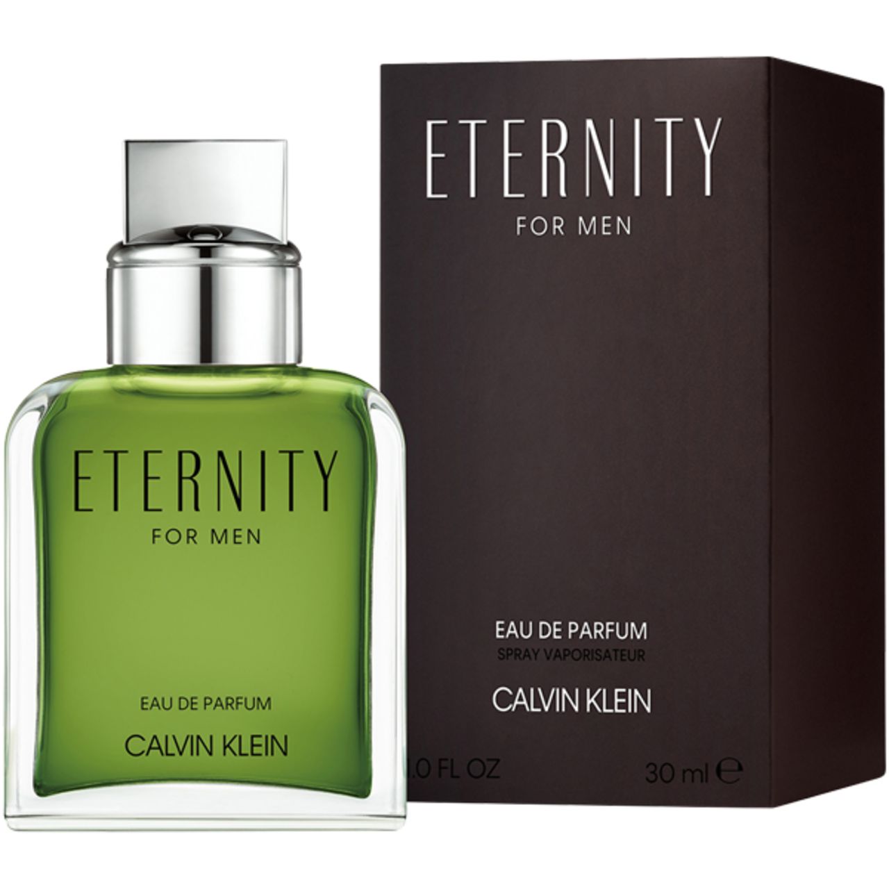 Grüner Flakon und schwarze Schachtel. Schriftzug: Eternity For Men, Eau de Parfum, Calvin Klein. 30 ml.
