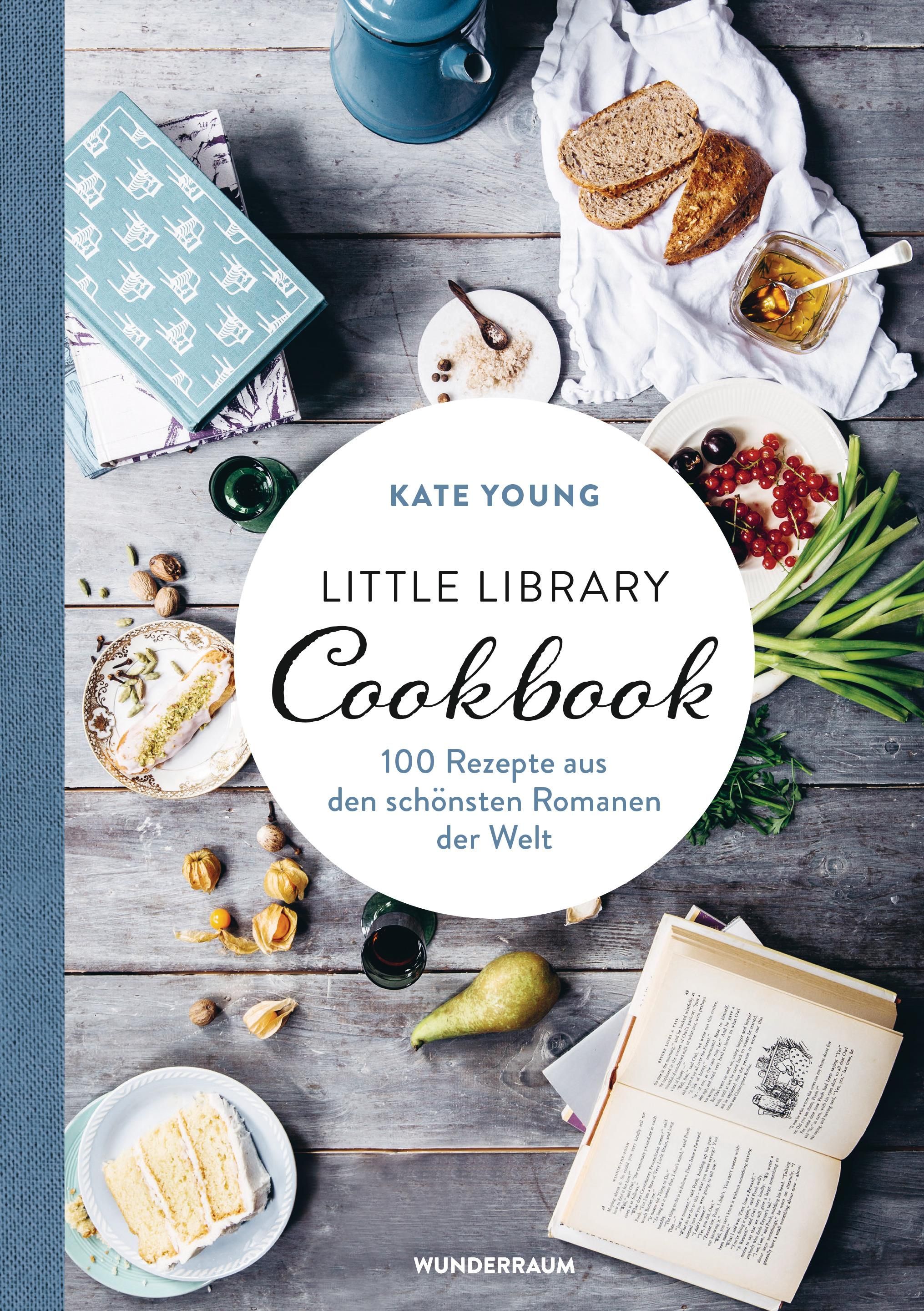 Buchcover von 'Little Library Cookbook' mit Titel, Autor und Illustrationen von Speisen.