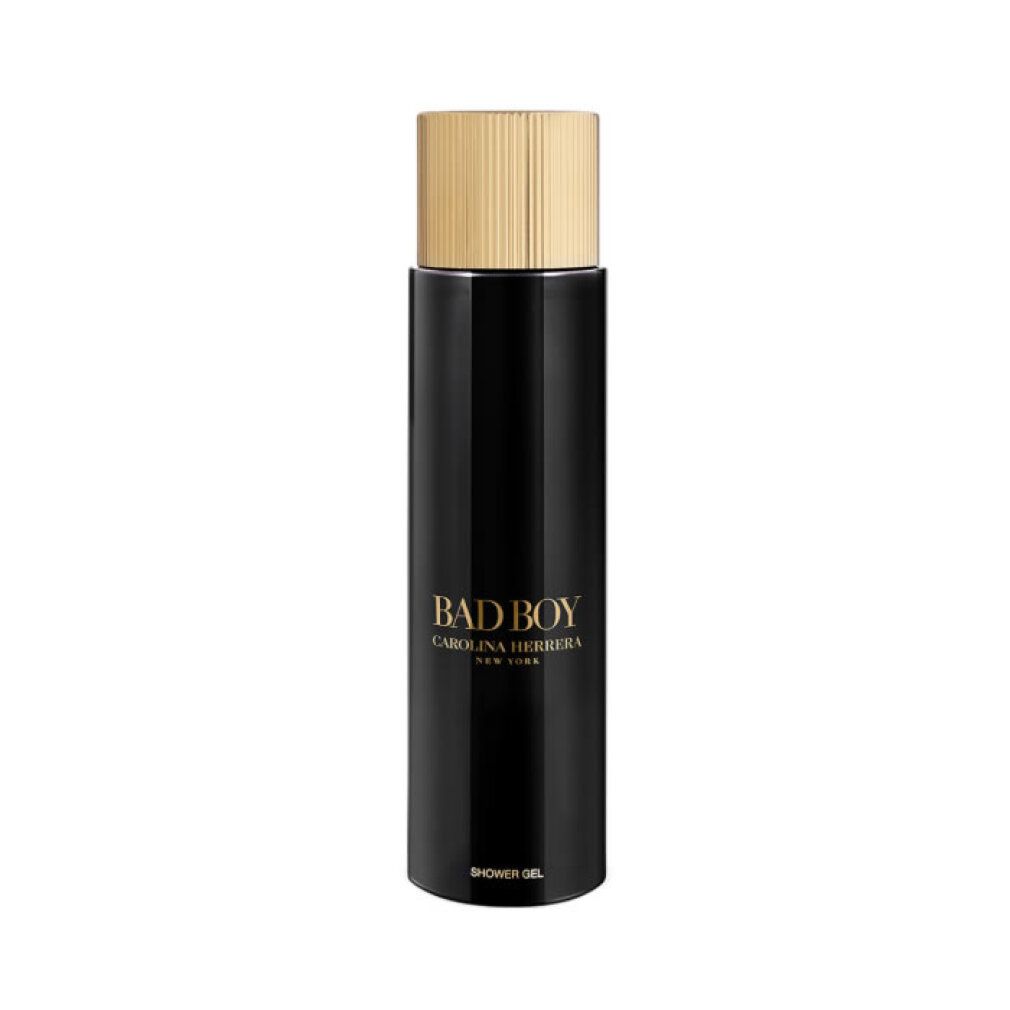 Schwarzer Duschgel-Flakon mit goldenem Deckel und "Bad Boy Carolina Herrera" Aufschrift.