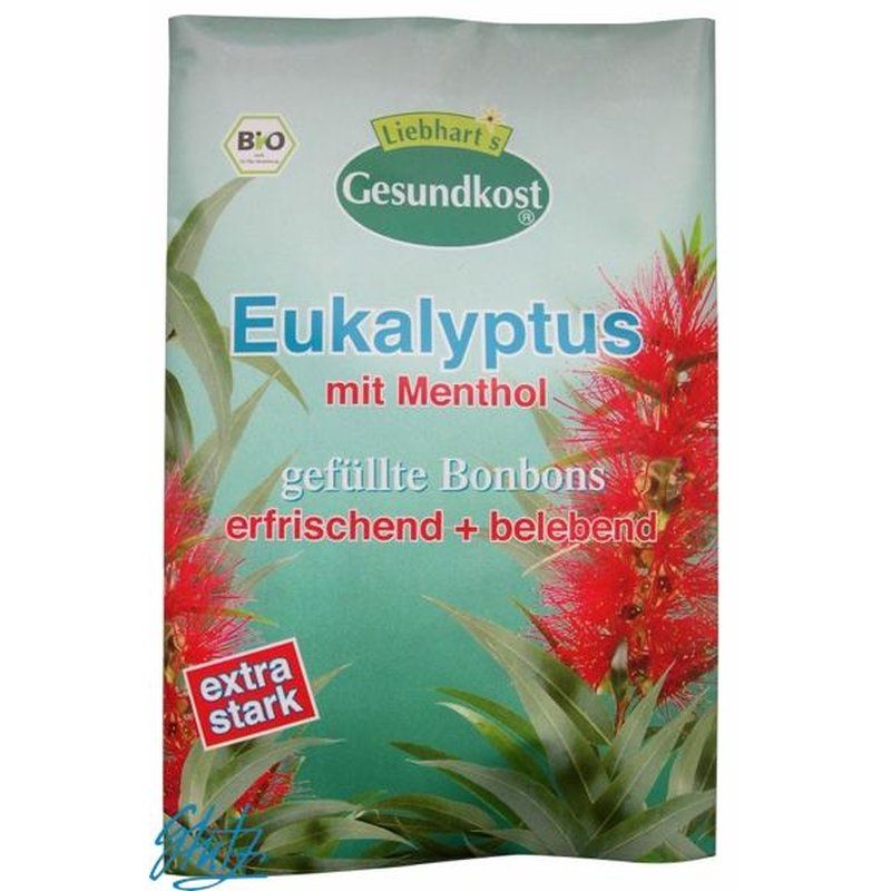 Verpackung mit "Liebhart's Gesundheitskost" und "Eukalyptus mit Menthol" Bonbons. Bio-Siegel. Rote Blüten und grüne Blätter.