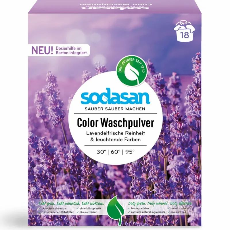 Karton mit Sodasan Color Waschpulver Lavendel. Oben rechts: 18 Waschladungen. Oben links: "NEU!" und "Dosierhilfe im Karton integriert."