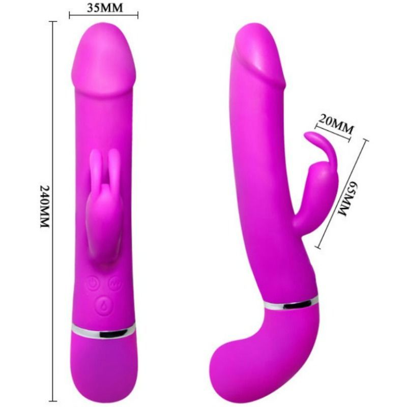 Zwei Ansichten eines lila Vibrators mit Maßen. 240mm hoch, 35mm breit, 65mm hoch, 20mm breit.