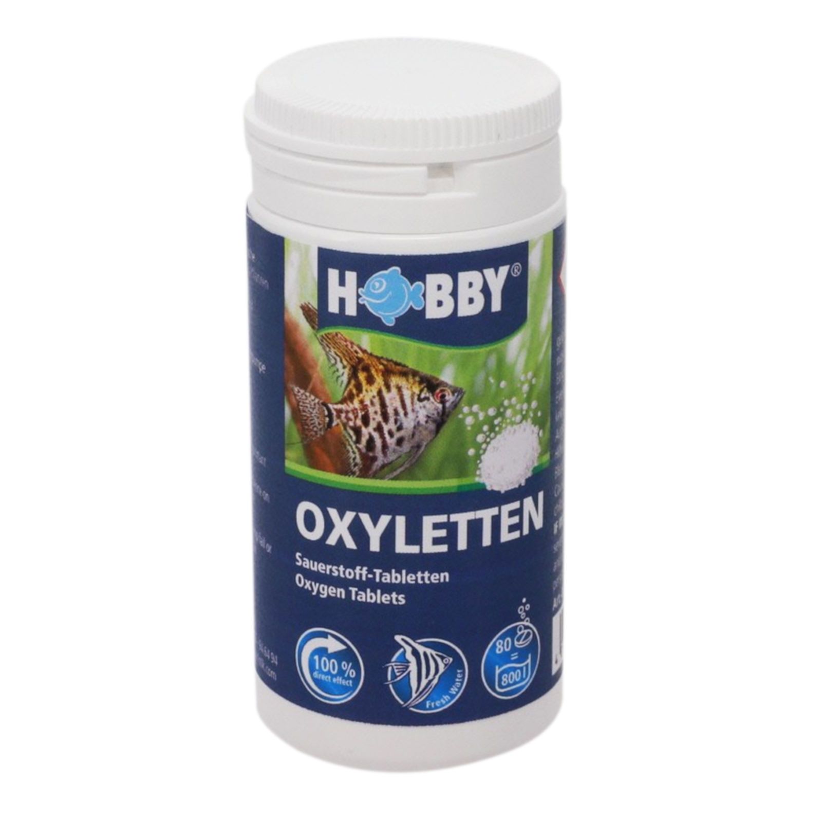 Zylindrische Dose mit weißem Deckel. Aufschrift Hobby, Oxyletten, Sauerstoff-Tabletten. Abbildung eines Fisches.