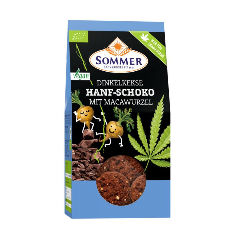 Verpackung mit Keksen. Aufschrift: Dinkelkekse Hanf-Schoko mit Macawurzel. Marke: Sommer. Vegan. Bio-Siegel.