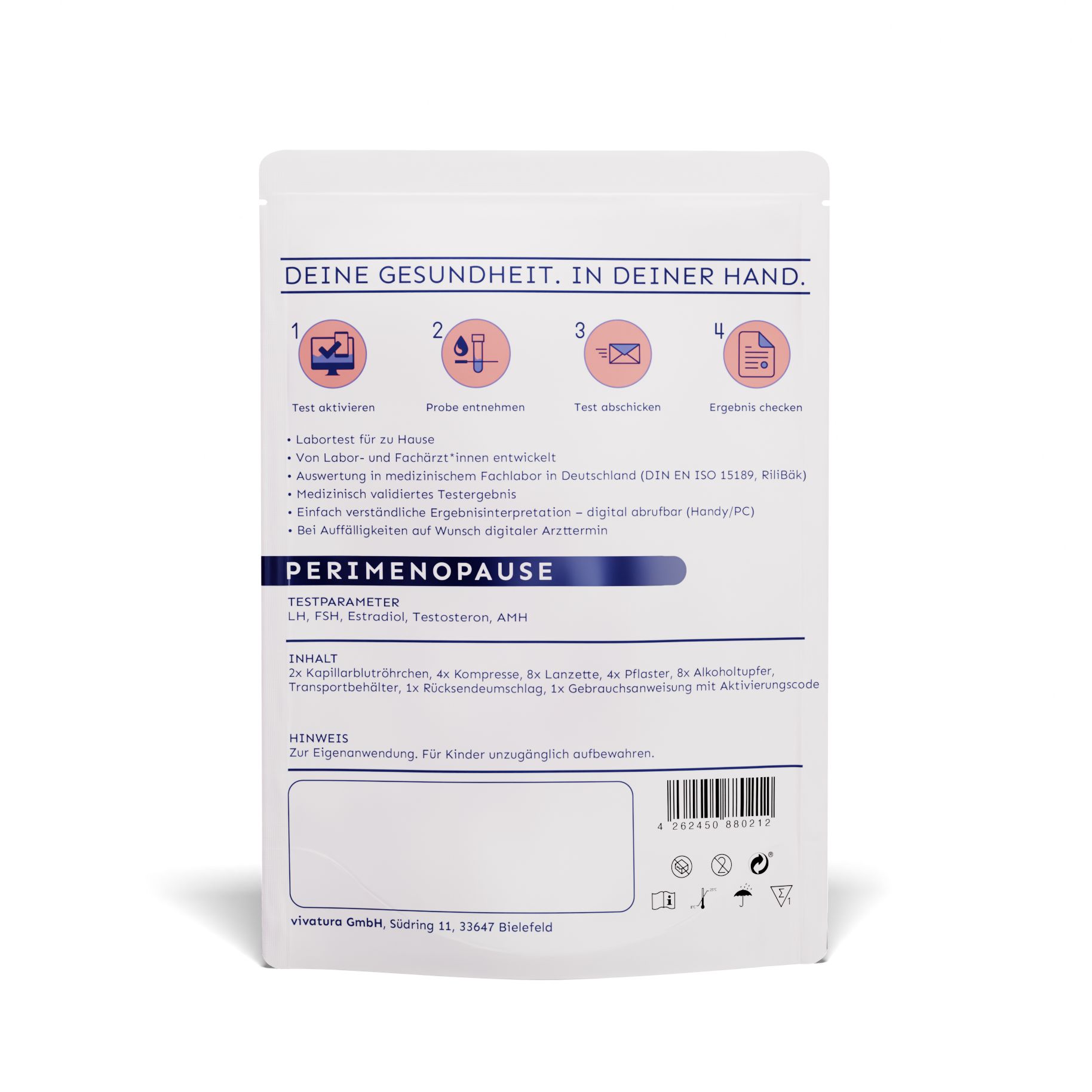 Rückseite der Verpackung. Text: Perimenopause, Testparameter, Inhalt, Hinweise. Marke: vivatura®.