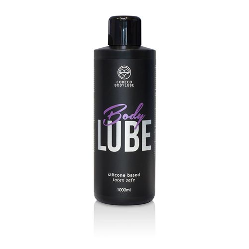 Schwarze Flasche mit Aufschrift "Body LUBE". Enthält Silikonbasis. 1000ml. Marke: COBECO BODYLUBE.