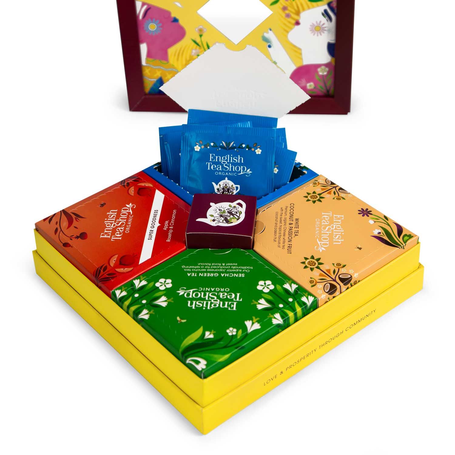 Geöffnete Geschenkbox mit Teebeuteln. Enthält vier kleine Schachteln mit verschiedenen Teesorten. Bio-Siegel und Markenlogo.