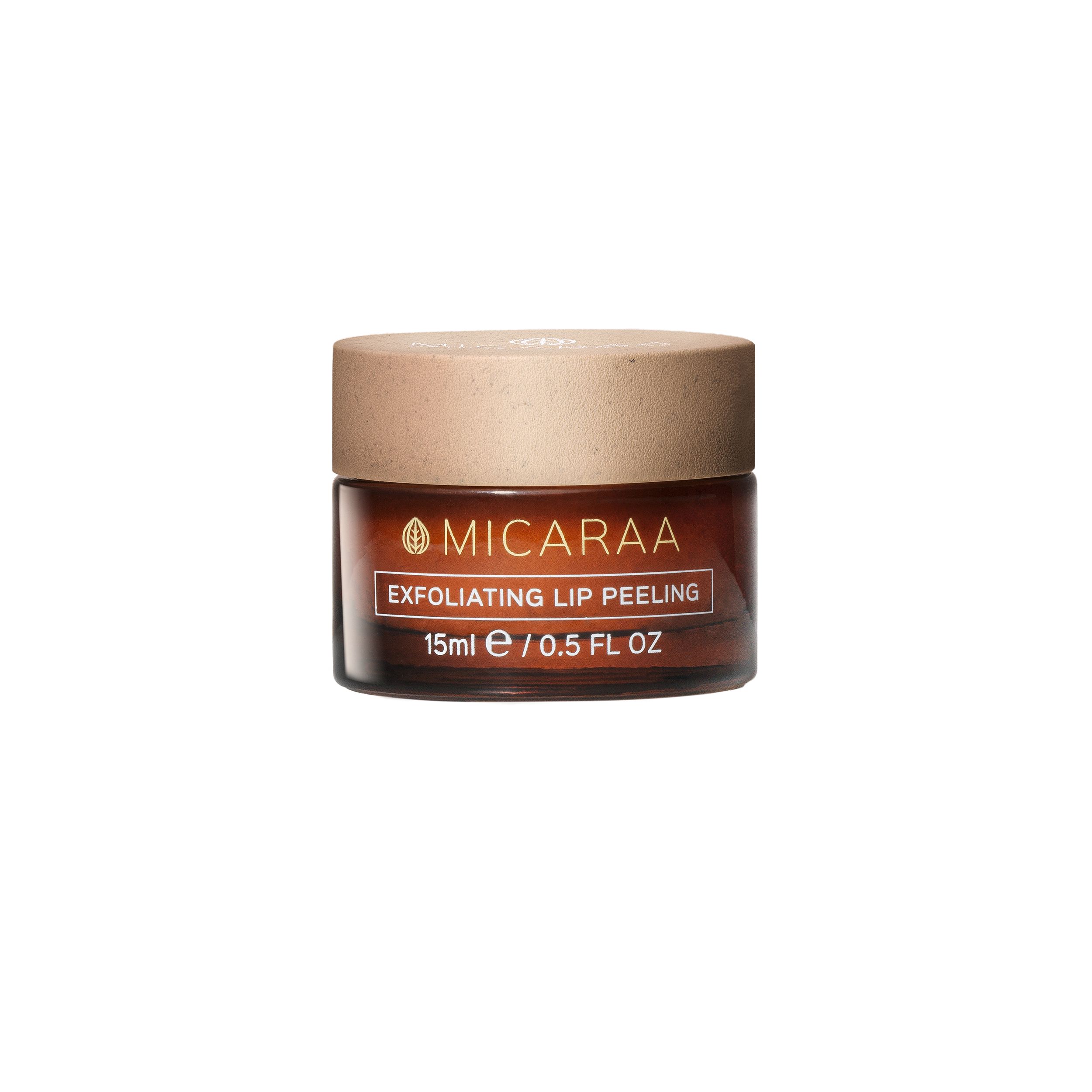 Braune Glasdose mit beigem Deckel. Aufschrift: MICARAA, Exfoliating Lip Peeling, 15ml / 0.5 FL OZ.