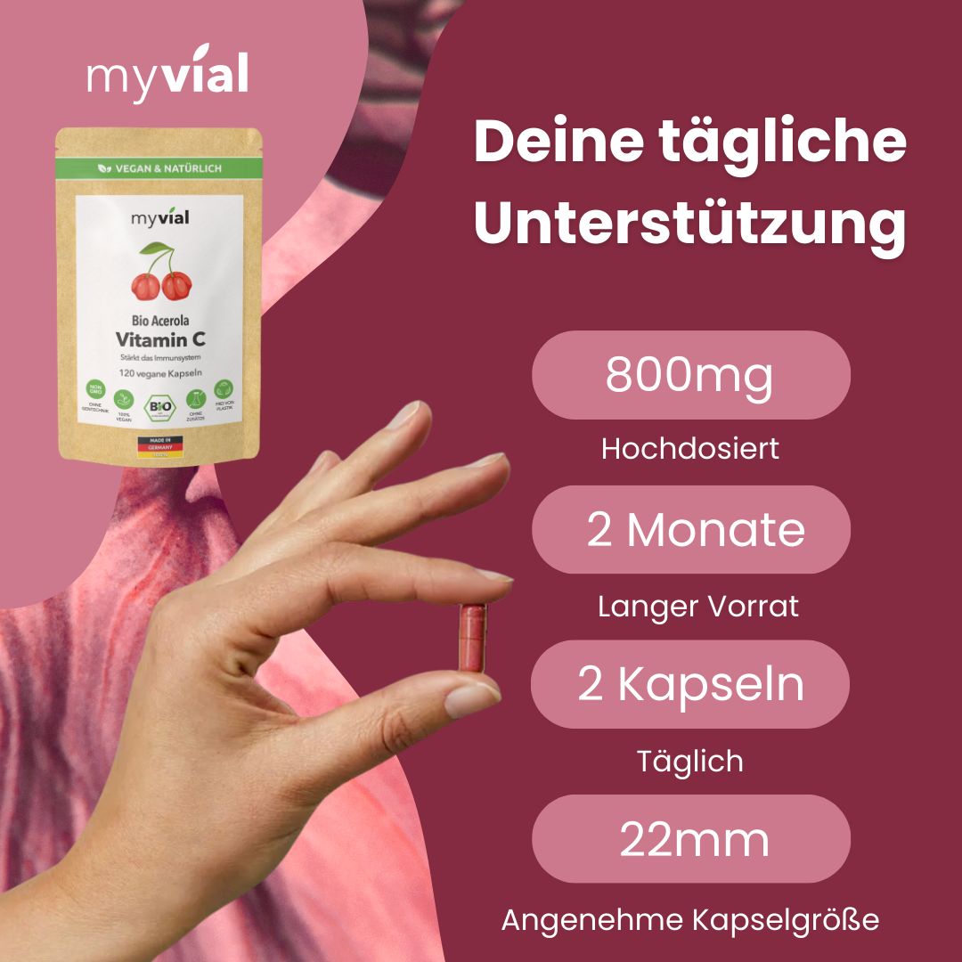 myvial® Bio Acerola Vitamin C Kapseln - natürliches Vitamin C - 68 mg je Kapsel