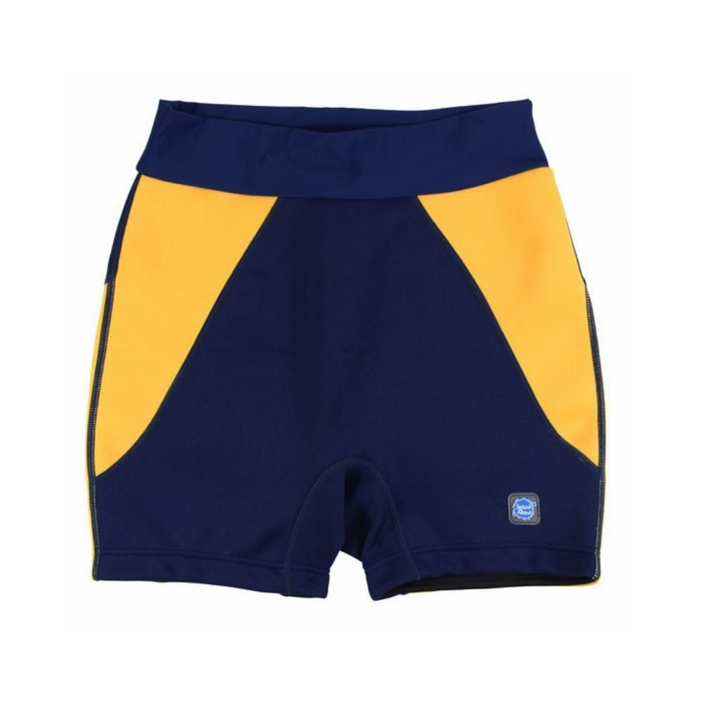Badehose in Marineblau und Gelb. Kurze Hose mit breitem Bund und gelben Seiteneinsätzen. Kleines Logo.