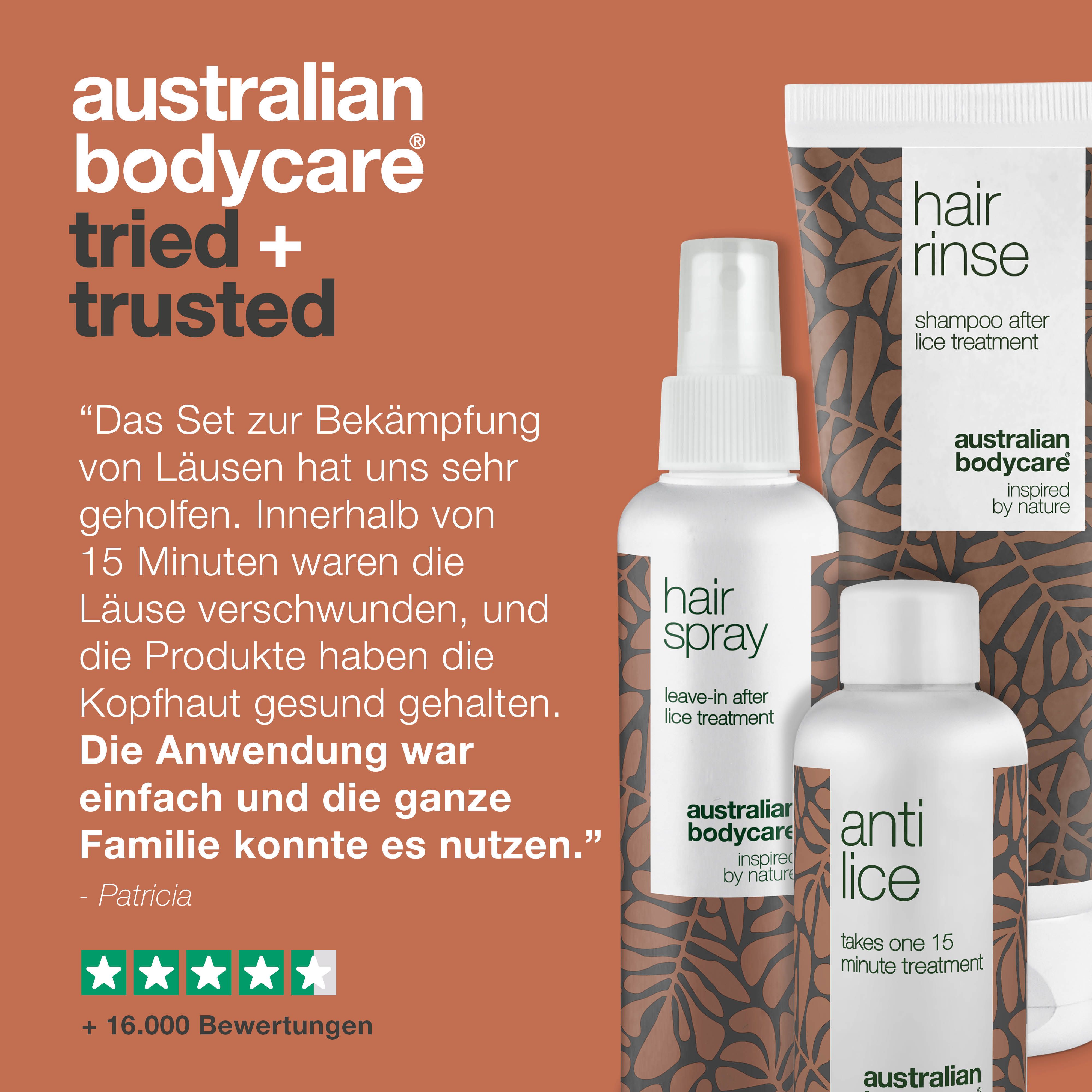Drei Produkte: Hair Rinse, Hair Spray und Anti Lice. Text: Australian Bodycare. Zitat und 5 Sterne Bewertung.