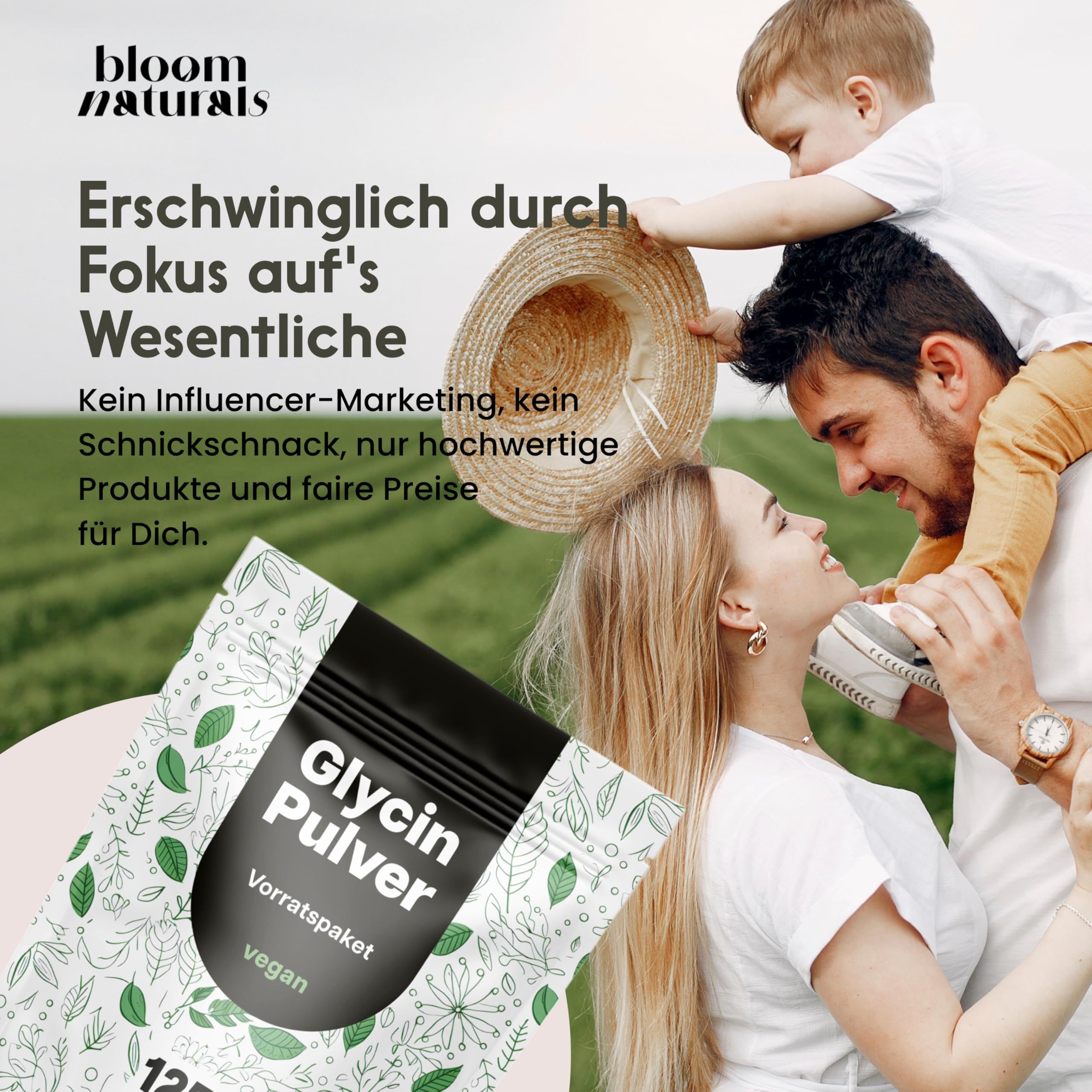 Familie mit Produkt. Text: "Bloom Naturals", "Glycin Pulver", "vegan", 1250g.