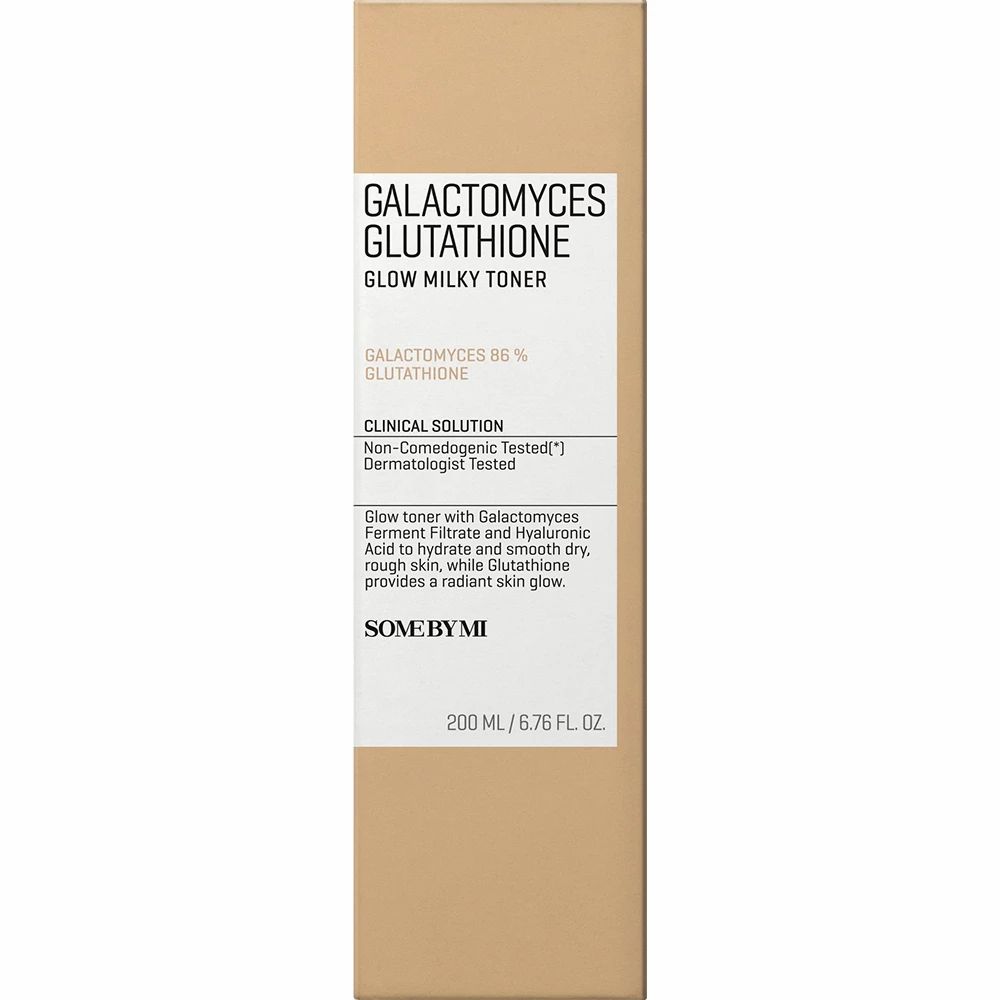 Beige Verpackung mit weißem Etikett. Aufschrift: SOME BY MI, Galactomyces Glutathione Glow Milky Toner. 200 ml.