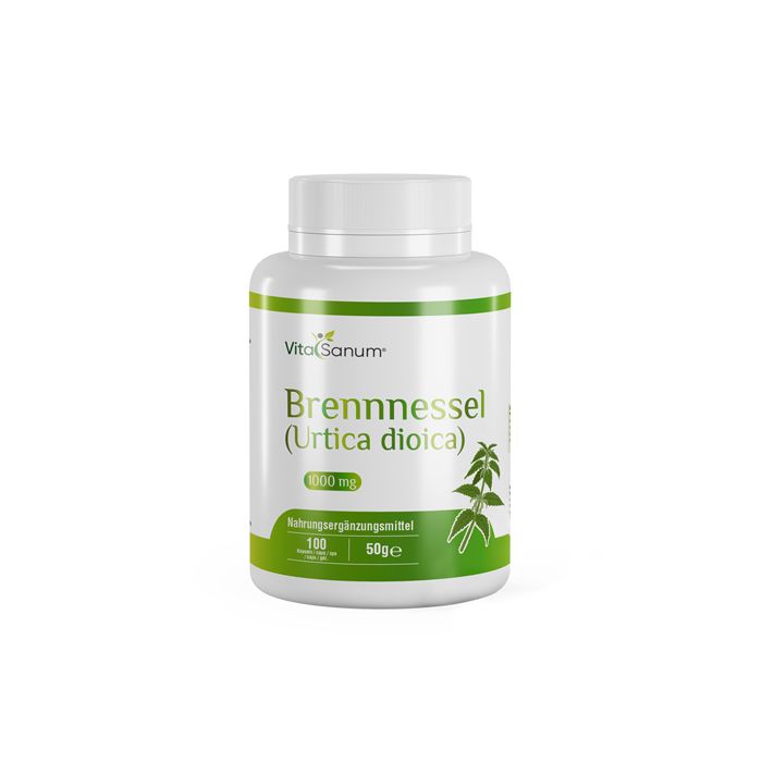 Weiße Flasche mit grünem Etikett. Aufschrift: VitaSanum Brennnessel (Urtica dioica) 1000 mg. 100 Kapseln.