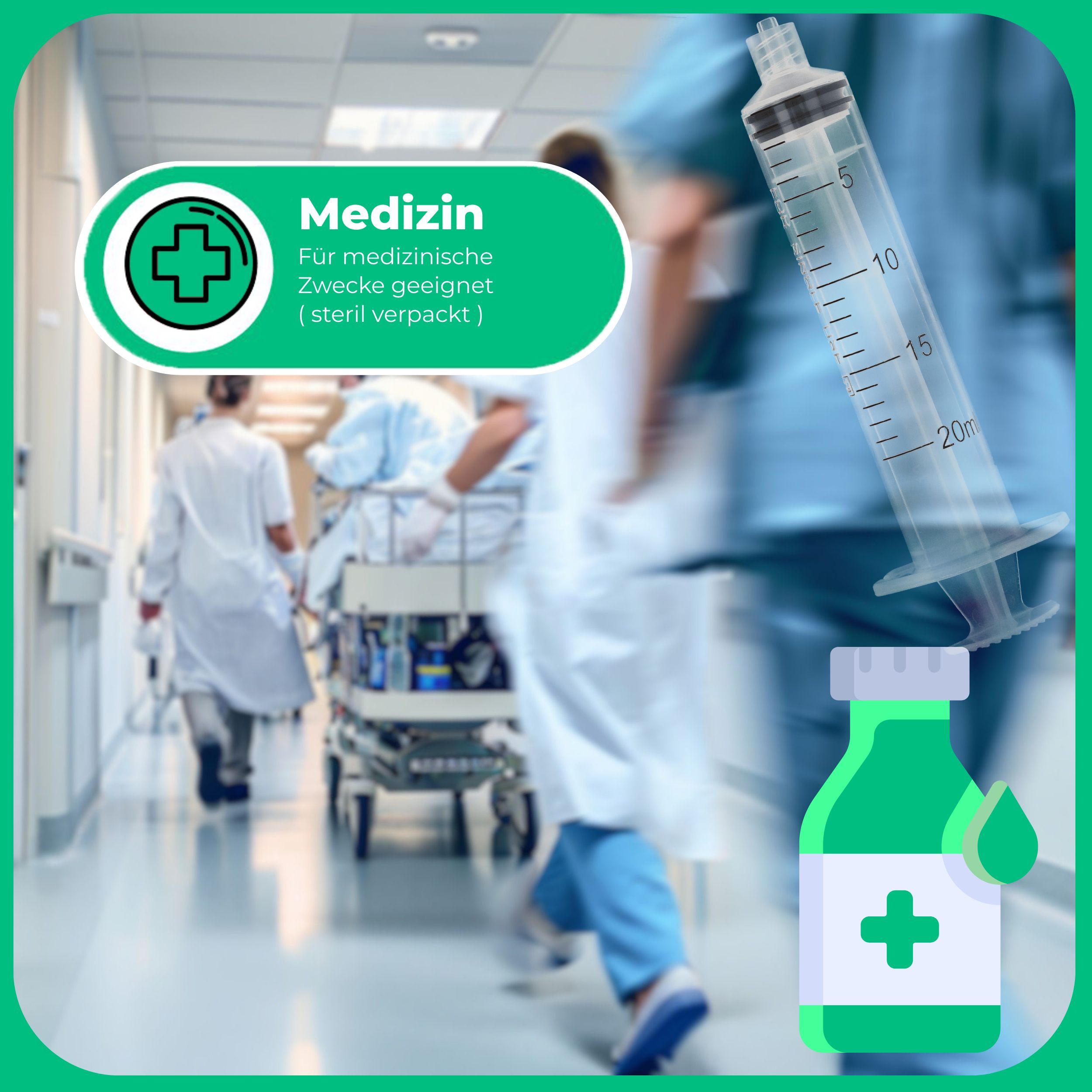 Spritze vor dem Hintergrund eines Krankenhausflurs. Kontext: Medizin, medizinische Zwecke.