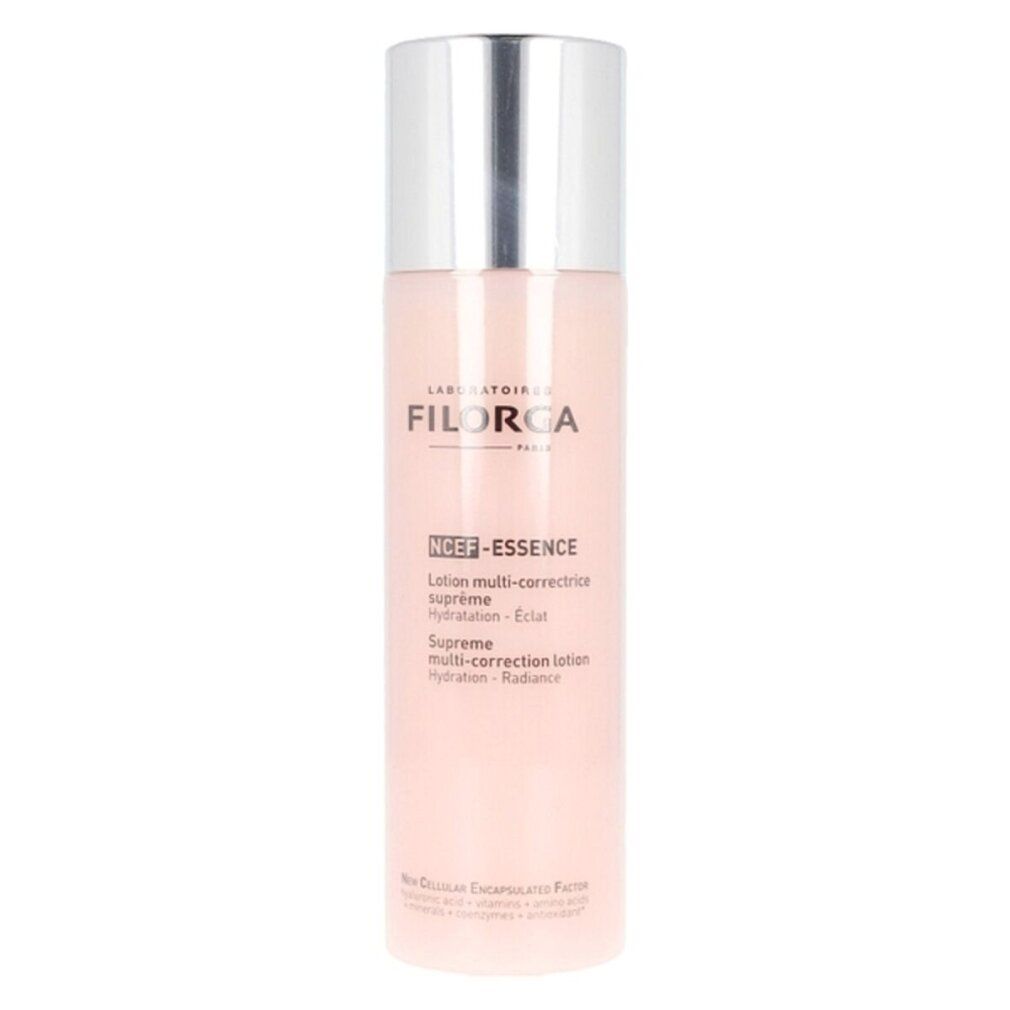 Filorga NCEF Essence Flasche. Rosa Flüssigkeit, silberner Deckel. Text: NCEF-Essence, Lotion multi-correctrice suprême.