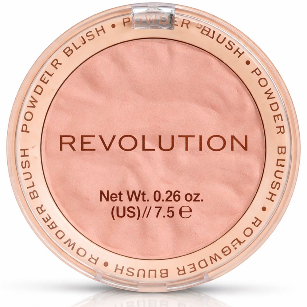 Runder Puder-Rouge-Behälter. Aufschrift: REVOLUTION. Text: Powder Blush. Net Wt. 0.26 oz. (US)//7.5 e. Rosa Puder.