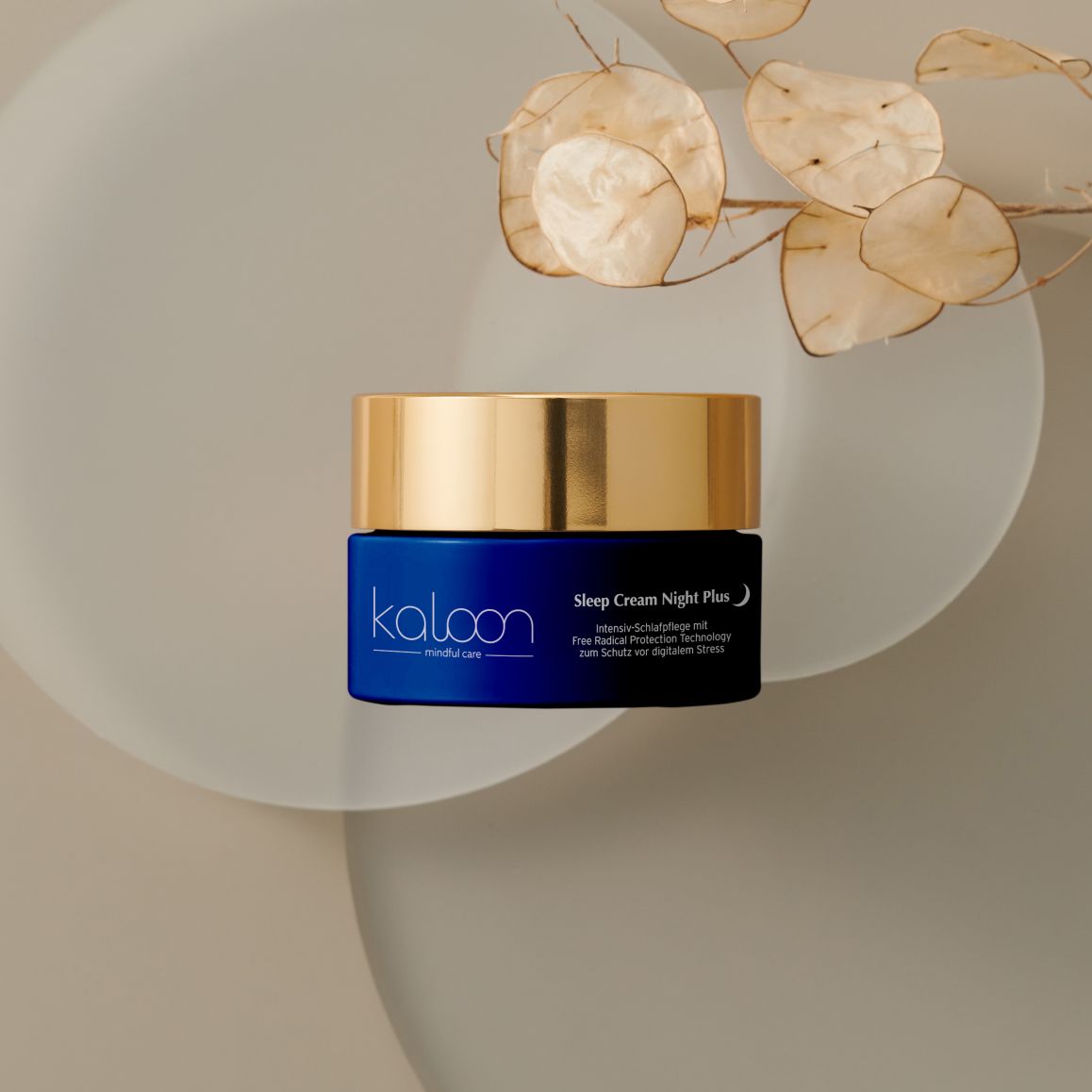 Blaue Creme-Dose mit goldenem Deckel auf hellem Hintergrund. Aufschrift: KALOON, Sleep Cream Night Plus. Dekoration.