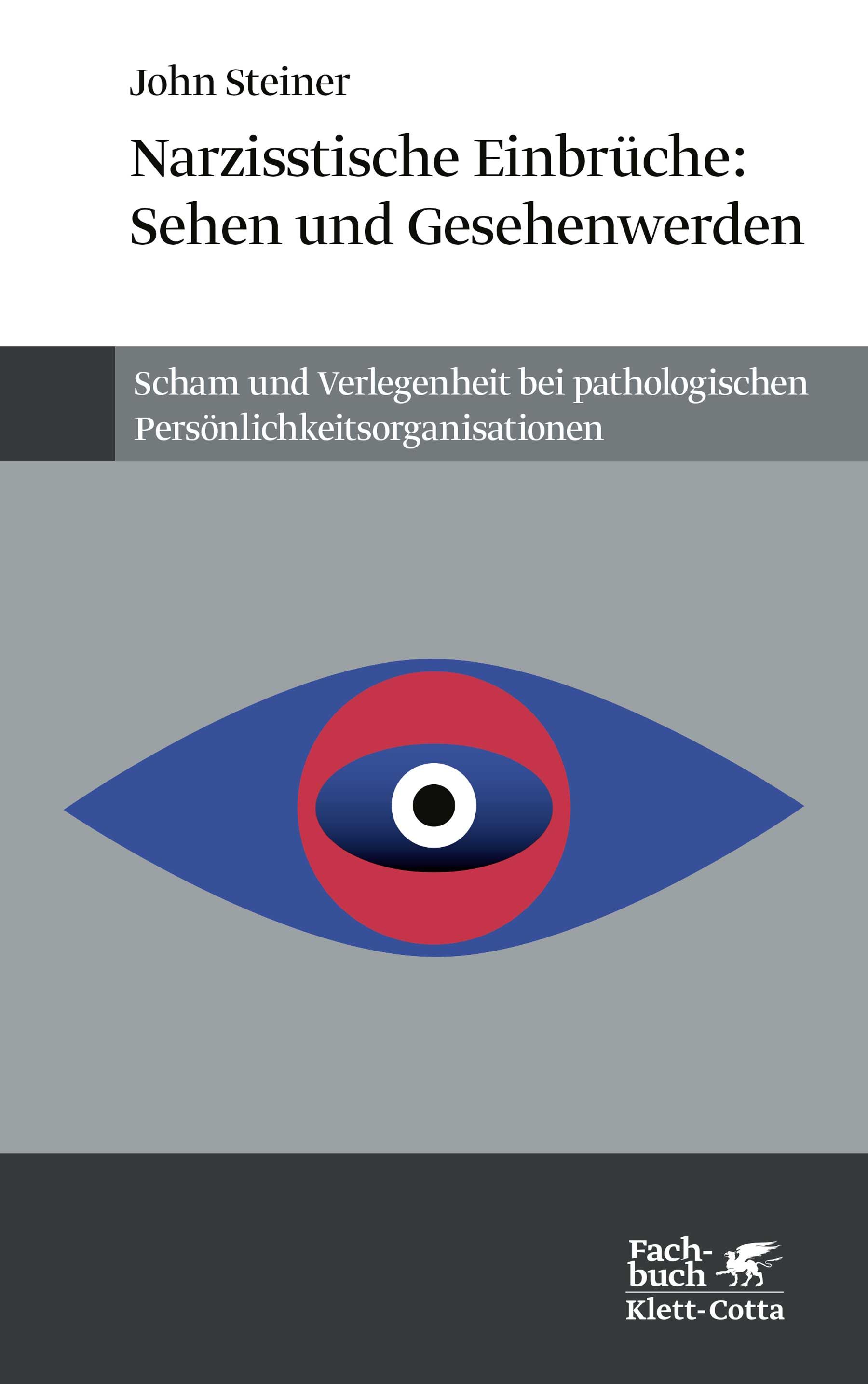 Buchcover. Titel: Narzisstische Einbrüche: Sehen und Gesehenwerden. Autor: John Steiner. Motiv: Auge in Blau, Rot und Weiß. Verlag: Klett-Cotta.