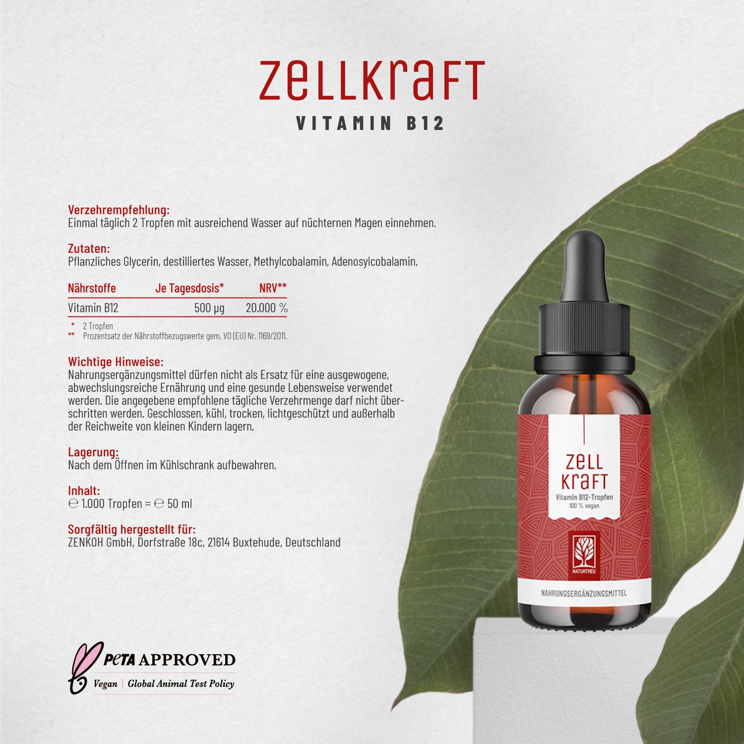Vitamin B12 Tropfen alkoholfrei - Methylcobalamin & Adenosyl - Zellkraft - NATURTREU®