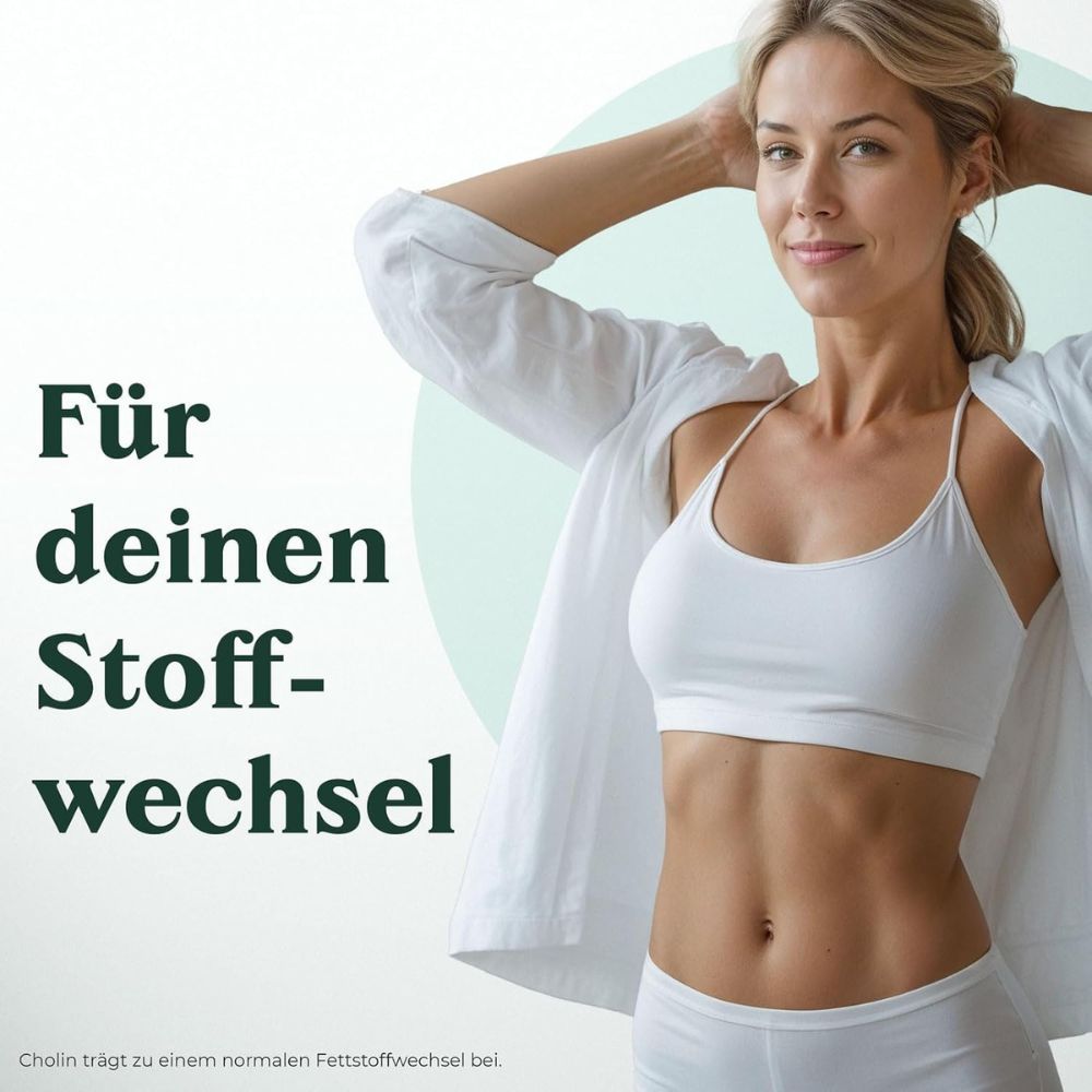 Frau in weißem Top und Hemd. Text: Für deinen Stoffwechsel. Hintergrund: Türkisfarbener Kreis. Text: Cholin trägt zu einem normalen Fettstoffwechsel bei.