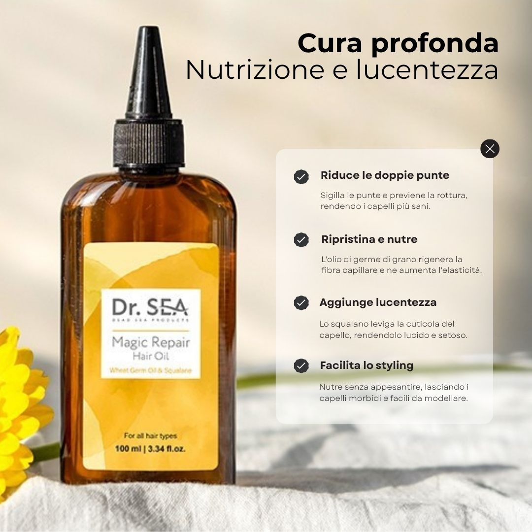 Flacone di olio per capelli, riquadro di testo con vantaggi: riduce le doppie punte, rinforza, dona lucentezza, facilita lo styling.