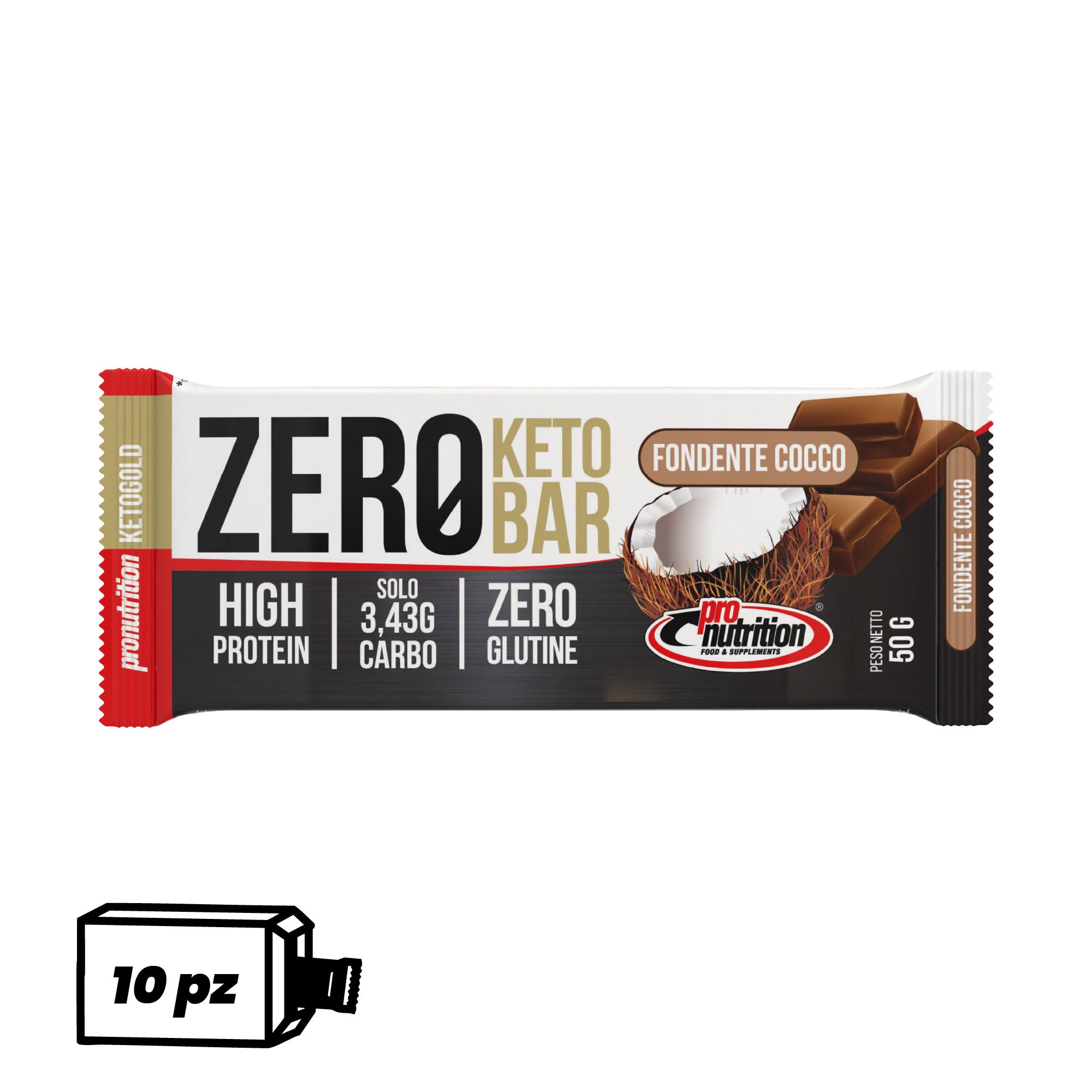 Pronutrition Barretta chetogenica Zero Keto Bar (10 pezzi x 50 gr, Fondente cocco)