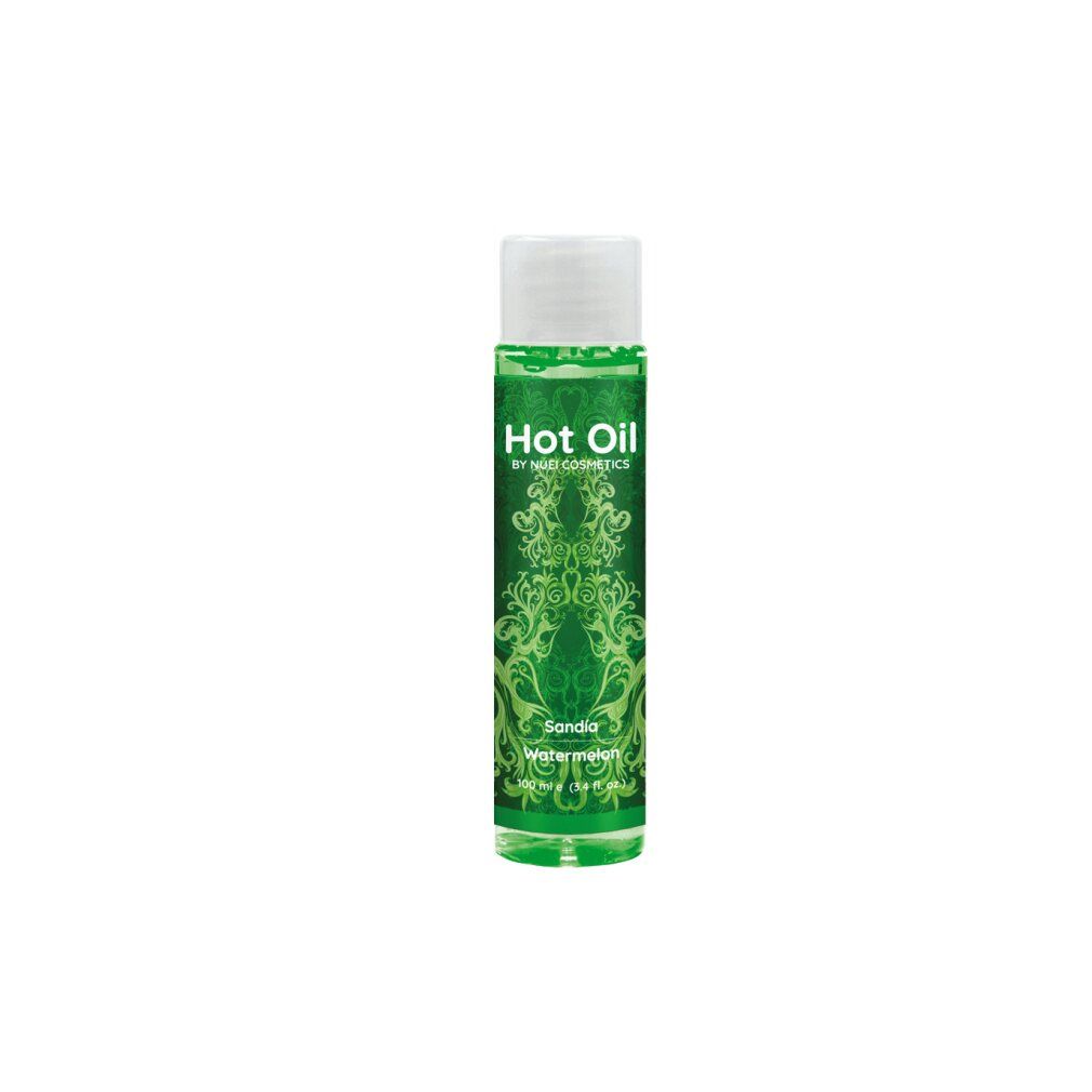 Grünes Massageöl mit weißem Deckel. Aufschrift: Hot Oil, Sandía, Watermelon. Marke: NUEI cosmetics.