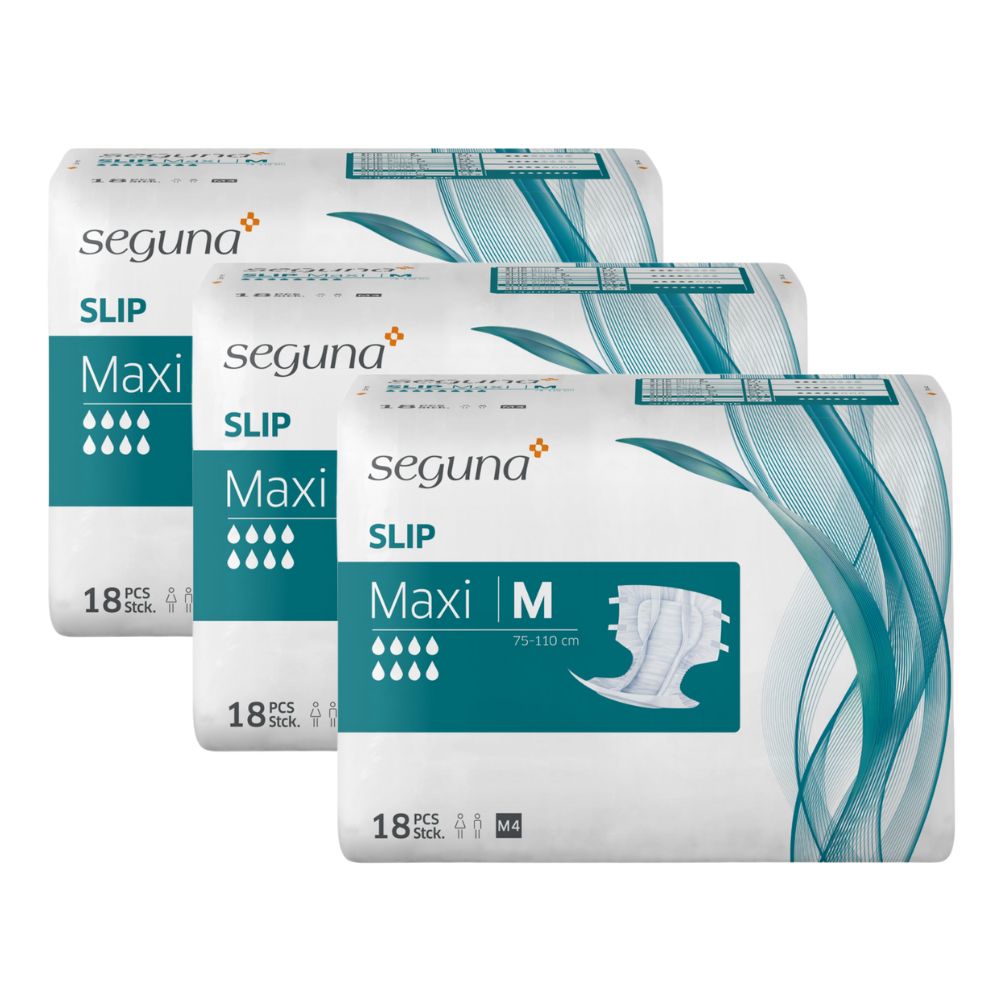 Drei Packungen SEGUNA Slip Maxi. Jede Packung enthält 18 Stück. Aufdrucke: SLIP, Maxi, M, 75-110 cm. Weiße Verpackung mit blauen Akzenten.
