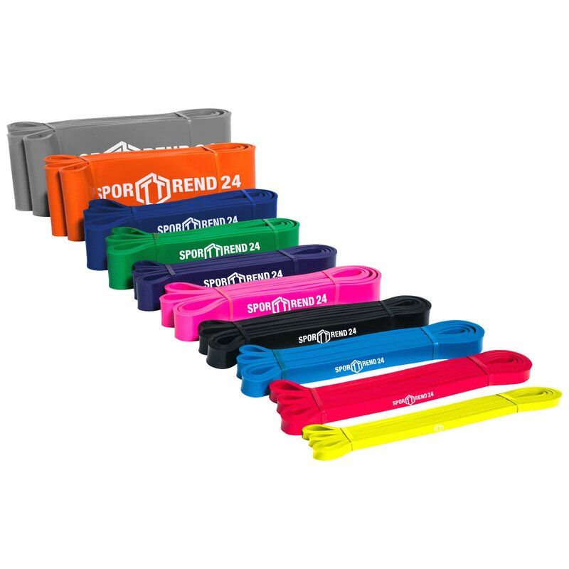 Fitnessbänder in verschiedenen Farben. Logo Sporttrend 24 sichtbar.