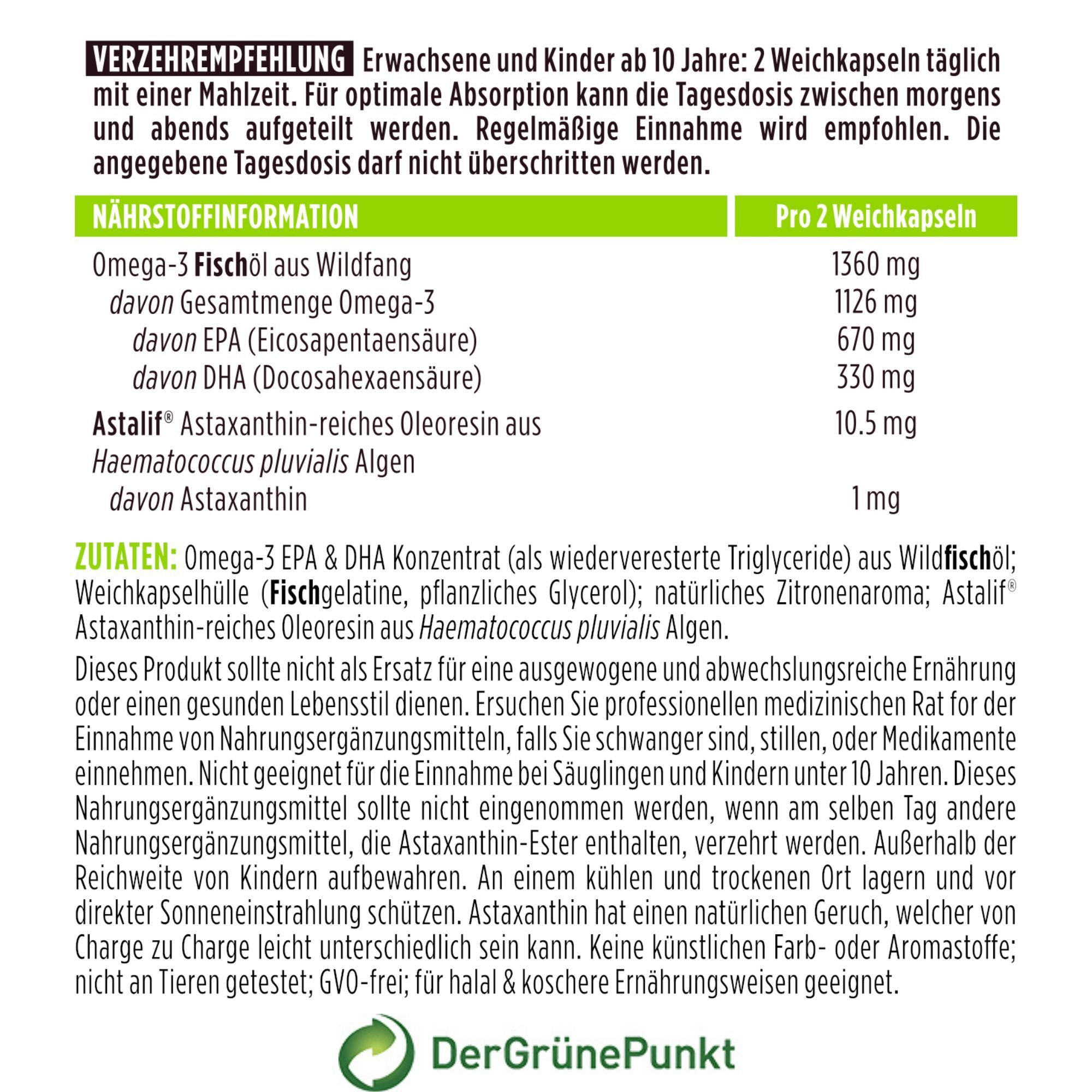 Rückseite einer Igennus Omega-3 Flasche mit Nährwertangaben, Inhaltsstoffen und Anwendungsempfehlungen.