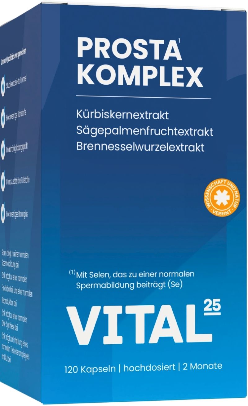 Blau-weiße Verpackung von Vital25® Prosta Komplex Kapseln. Aufschrift: PROSTA KOMPLEX, Vital25, 120 Kapseln, hochdosiert, 2 Monate.