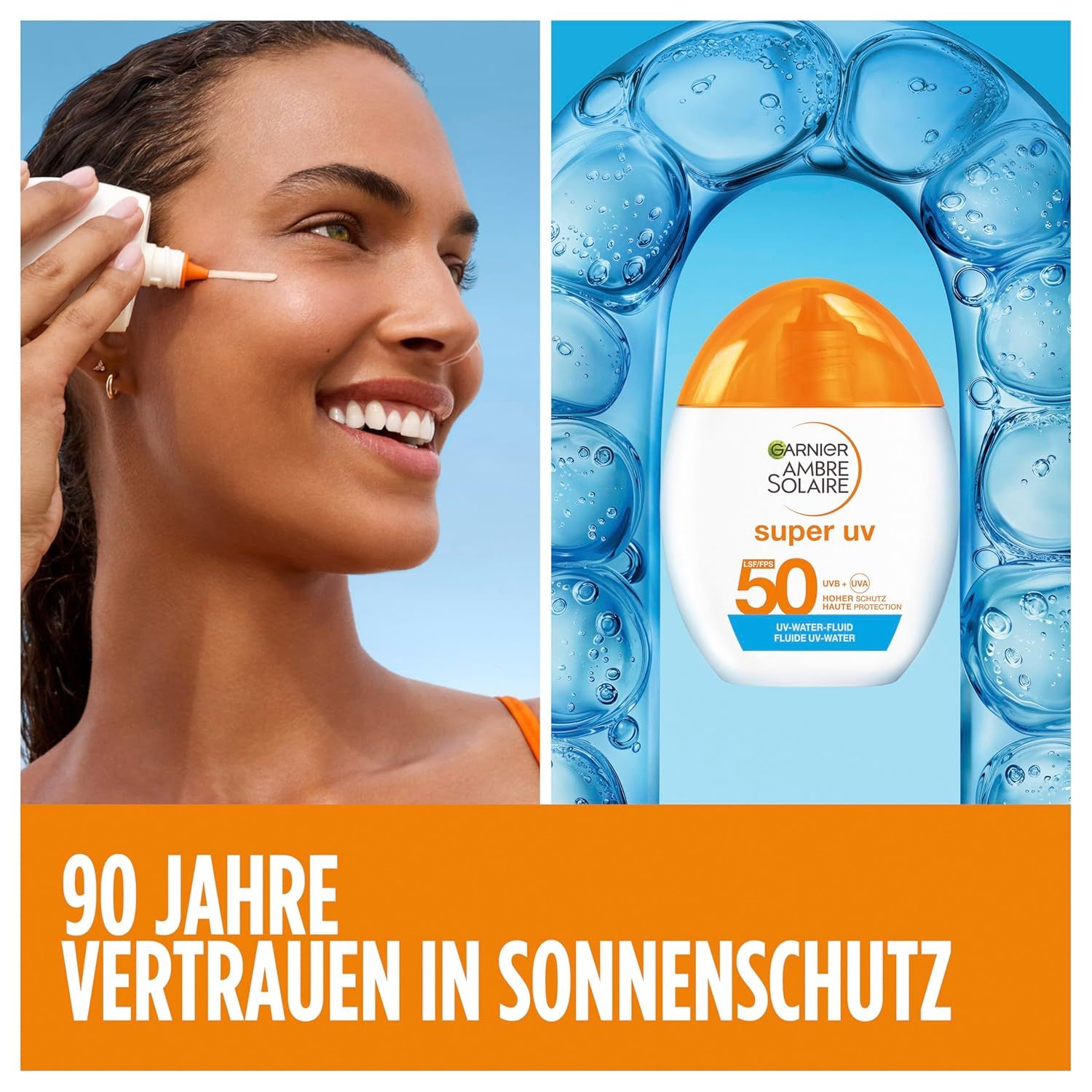 Frau trägt Sonnenschutz auf. Daneben Flasche Garnier Ambre Solaire Super UV. Text: 90 Jahre Vertrauen in Sonnenschutz.