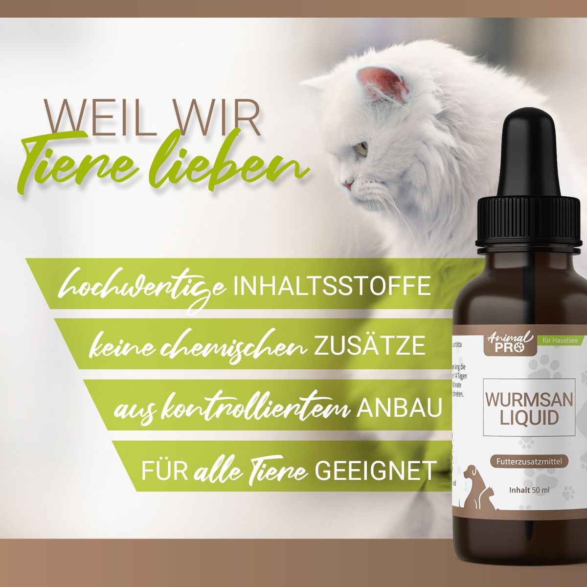 Produktflasche neben Katze. Text: Weil wir Tiere lieben. Logo und Produktname auf Etikett.