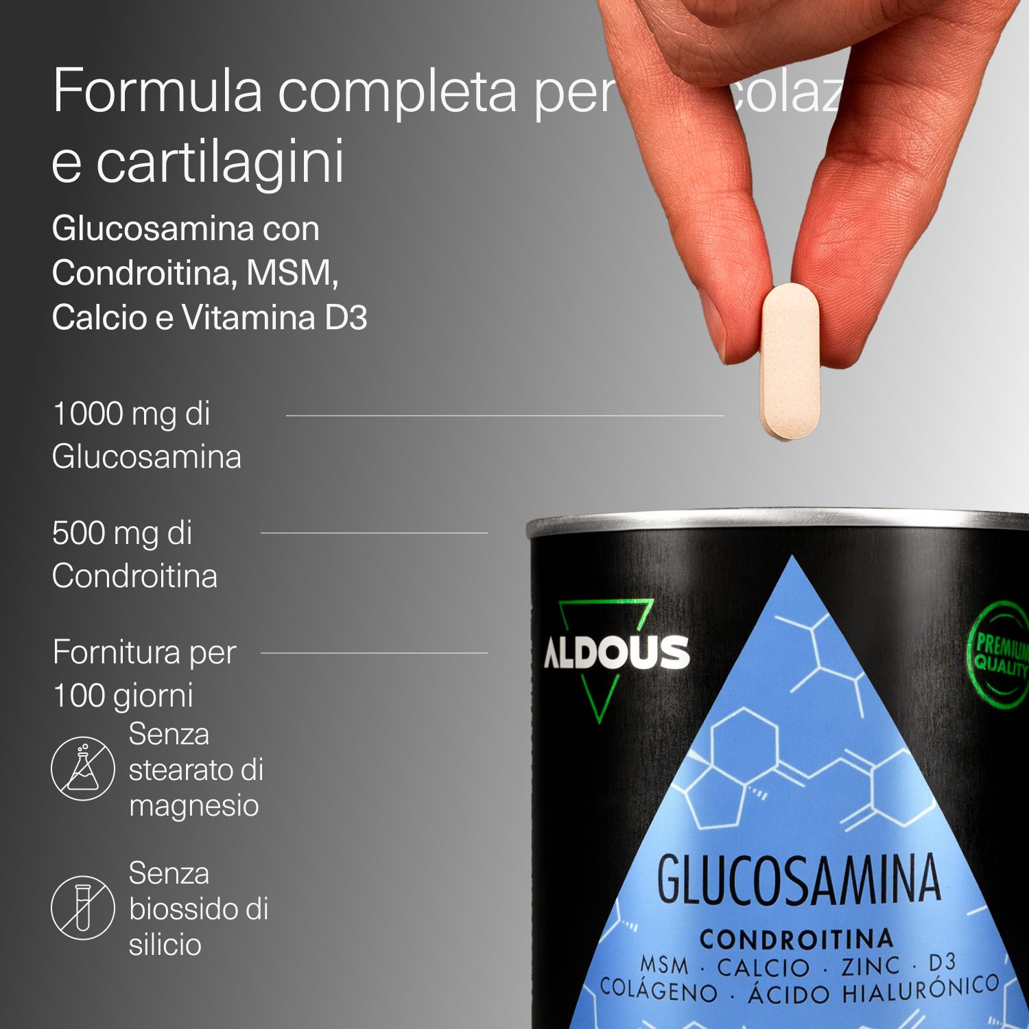 Aldous Glucosamina Dose mit 200 Tabletten, mit detaillierter Nährwertangabe und Inhaltsstoffen wie Glucosamin 1000mg, Chondroitin 500mg.