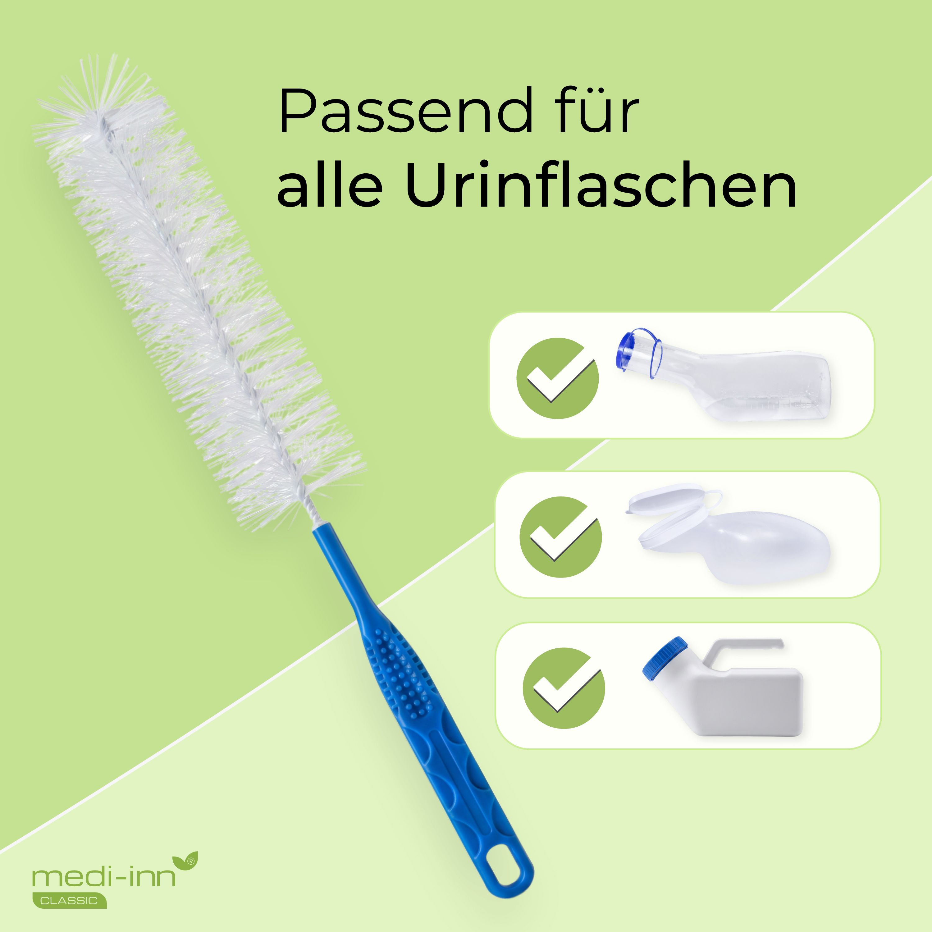 Reinigungsbürste für Urinflaschen. Passend für verschiedene Behältertypen, gezeigt in Illustrationen.