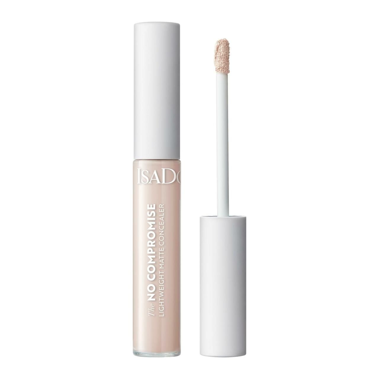 Concealer-Tube mit Applikator. Aufschrift: IsaDora, The No Compromise, Lightweight Matte Concealer. Hellbeige Farbe.