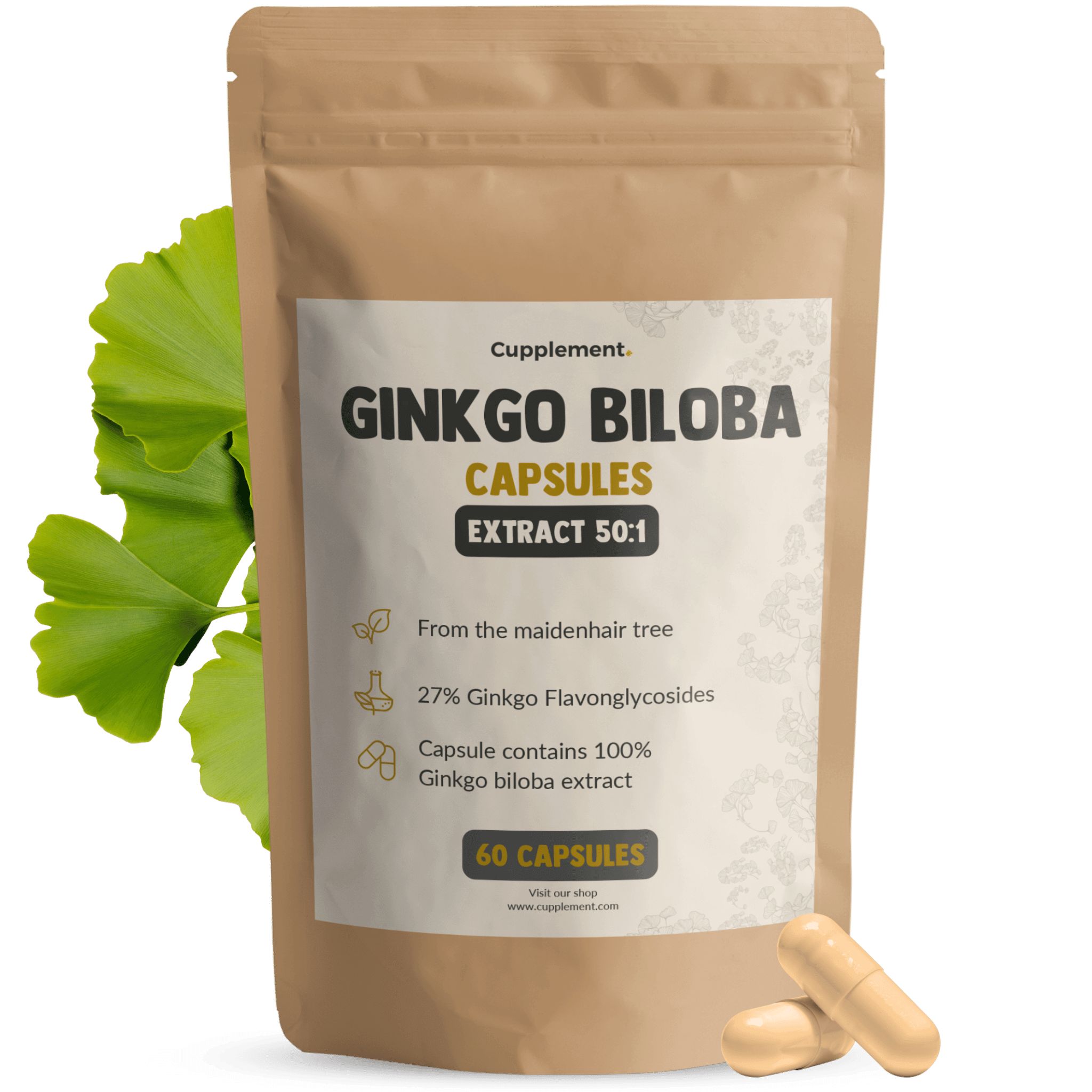 Beutel mit Cupplement® Ginkgo Biloba Kapseln. 60 Kapseln, 100 mg. Braune Kapseln liegen daneben. Ginkgoblatt.