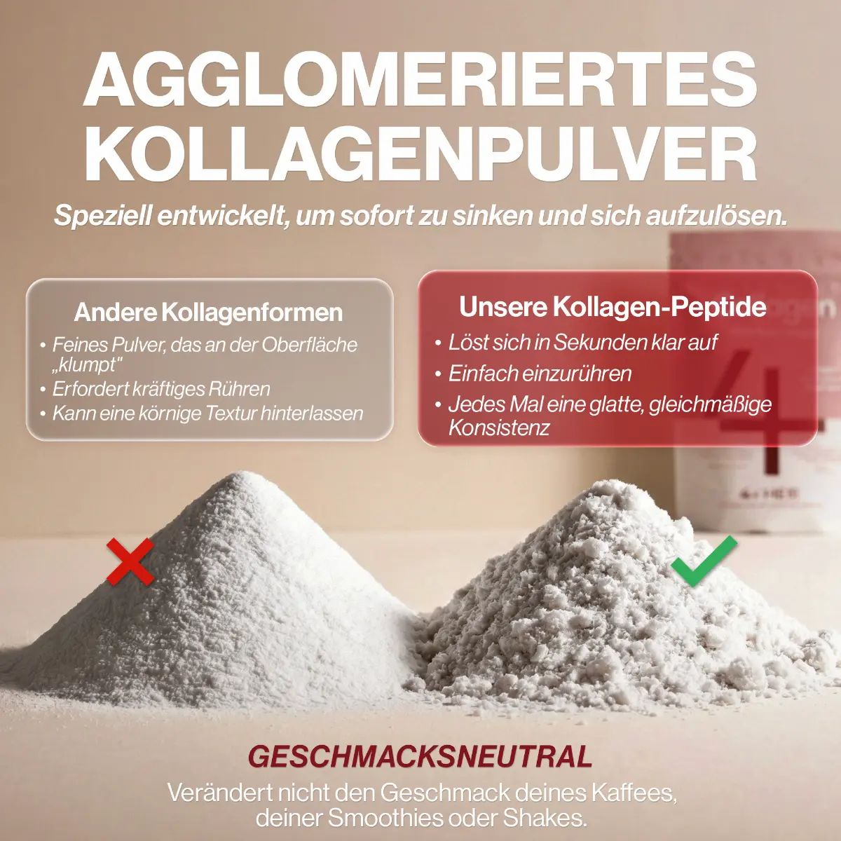Vergleich von Kollagenpulver: Agglomeriertes Pulver löst sich gut auf.