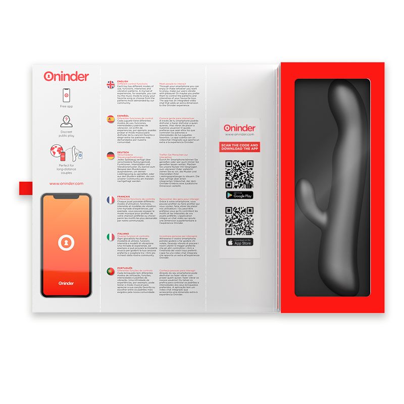 Verpackung mit Vibrator. Vibrator in roter Aussparung. Text: Oninder. QR-Codes und App-Informationen.