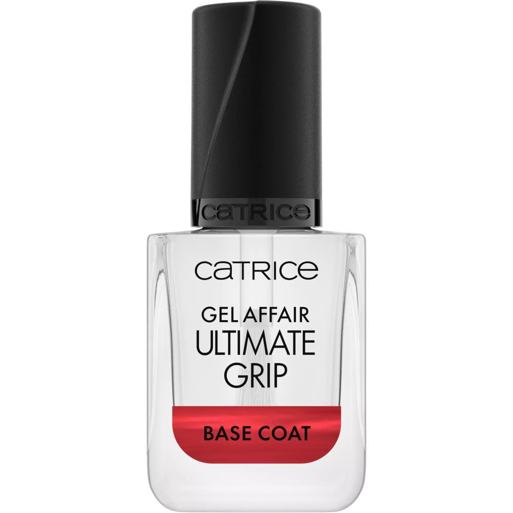 Klare Flasche mit schwarzem Deckel. Aufschrift: Catrice, Gel Affair Ultimate Grip, Base Coat. Roter Streifen am unteren Rand.