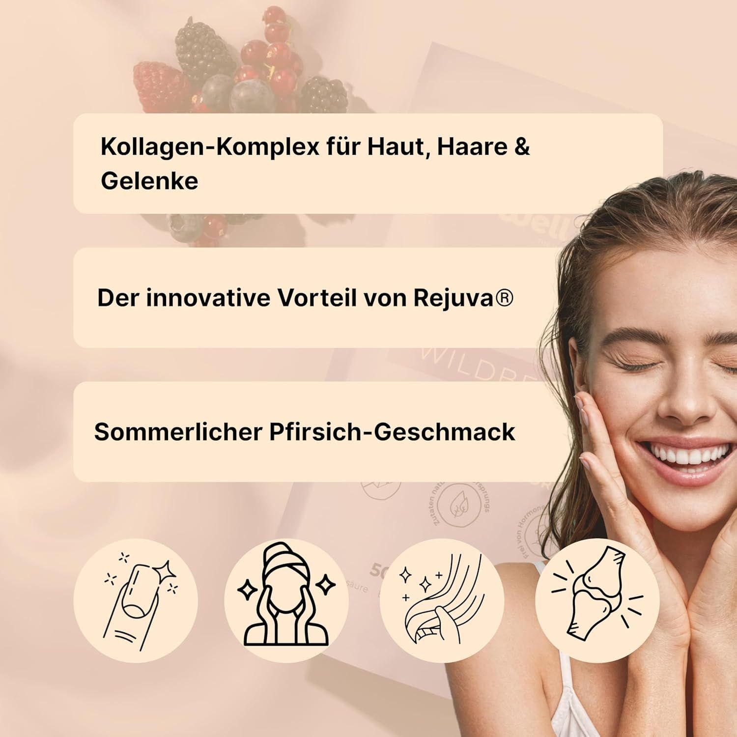 Frau lächelt, mit Texten über Kollagen-Komplex, Rejuva® und Pfirsichgeschmack.