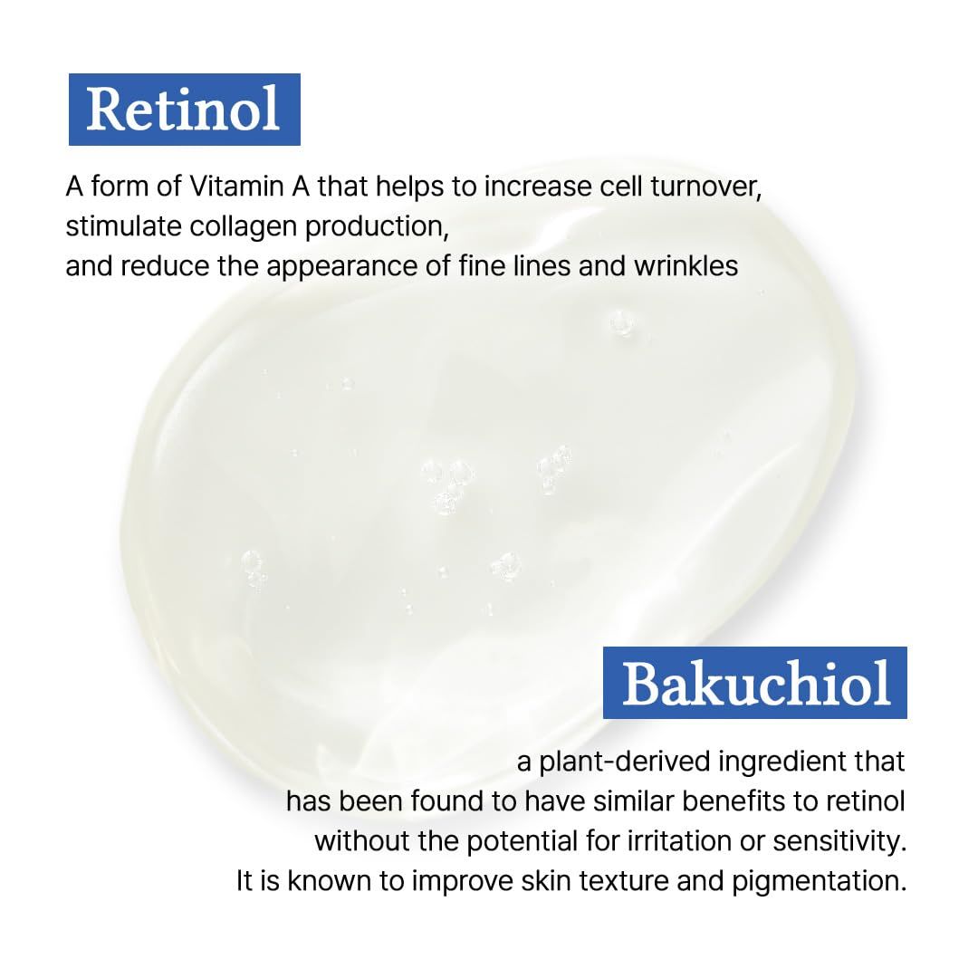 Text: Retinol und Bakuchiol. Beschreibt die Vorteile von Retinol und Bakuchiol für die Haut.