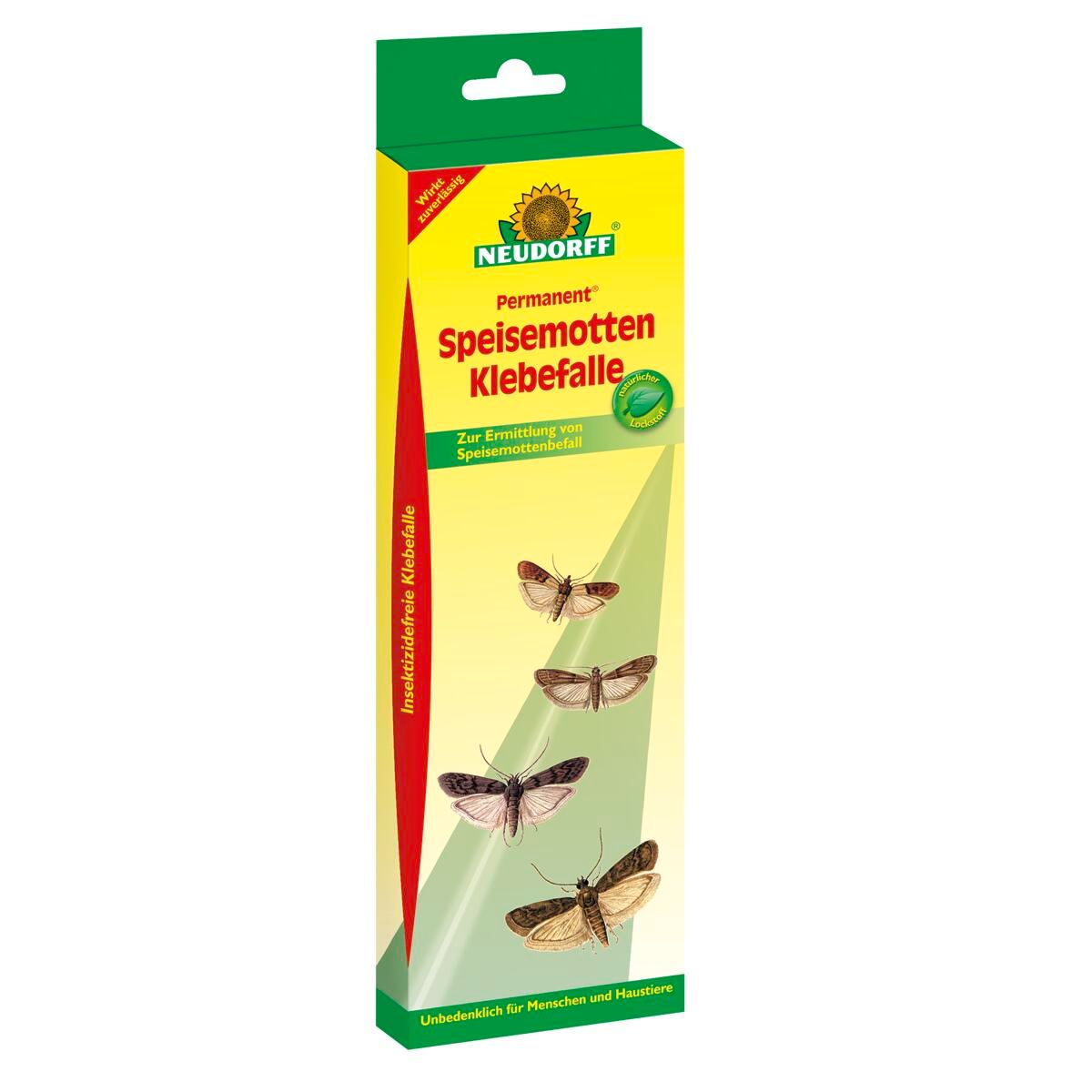 Kartonverpackung mit Produktnamen und Abbildung von Motten. Aufschrift: Permanent Speisemotten Klebefalle.