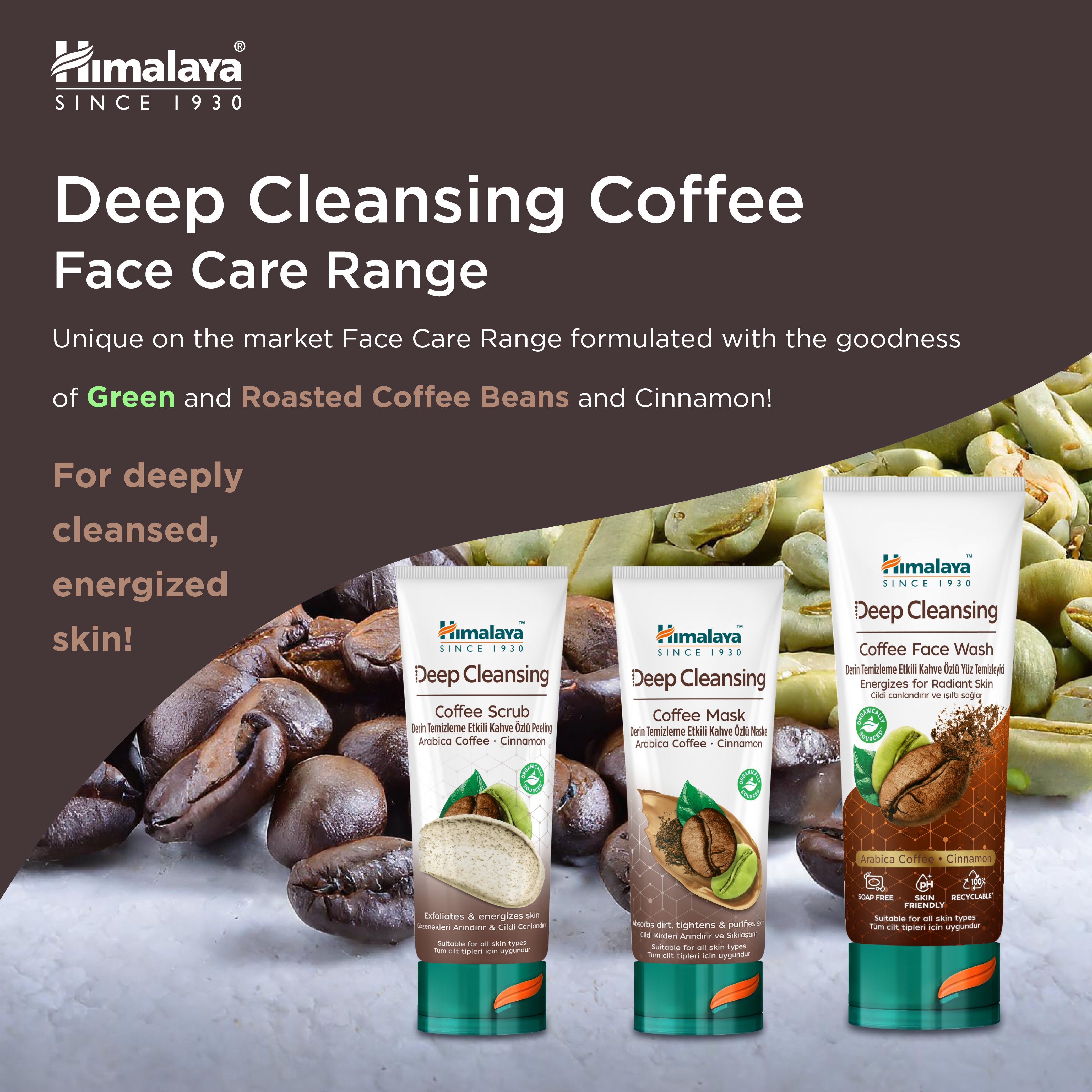 Himalaya Deep Cleansing Coffee Face Care Range: Maske, Peeling und Waschgel.
