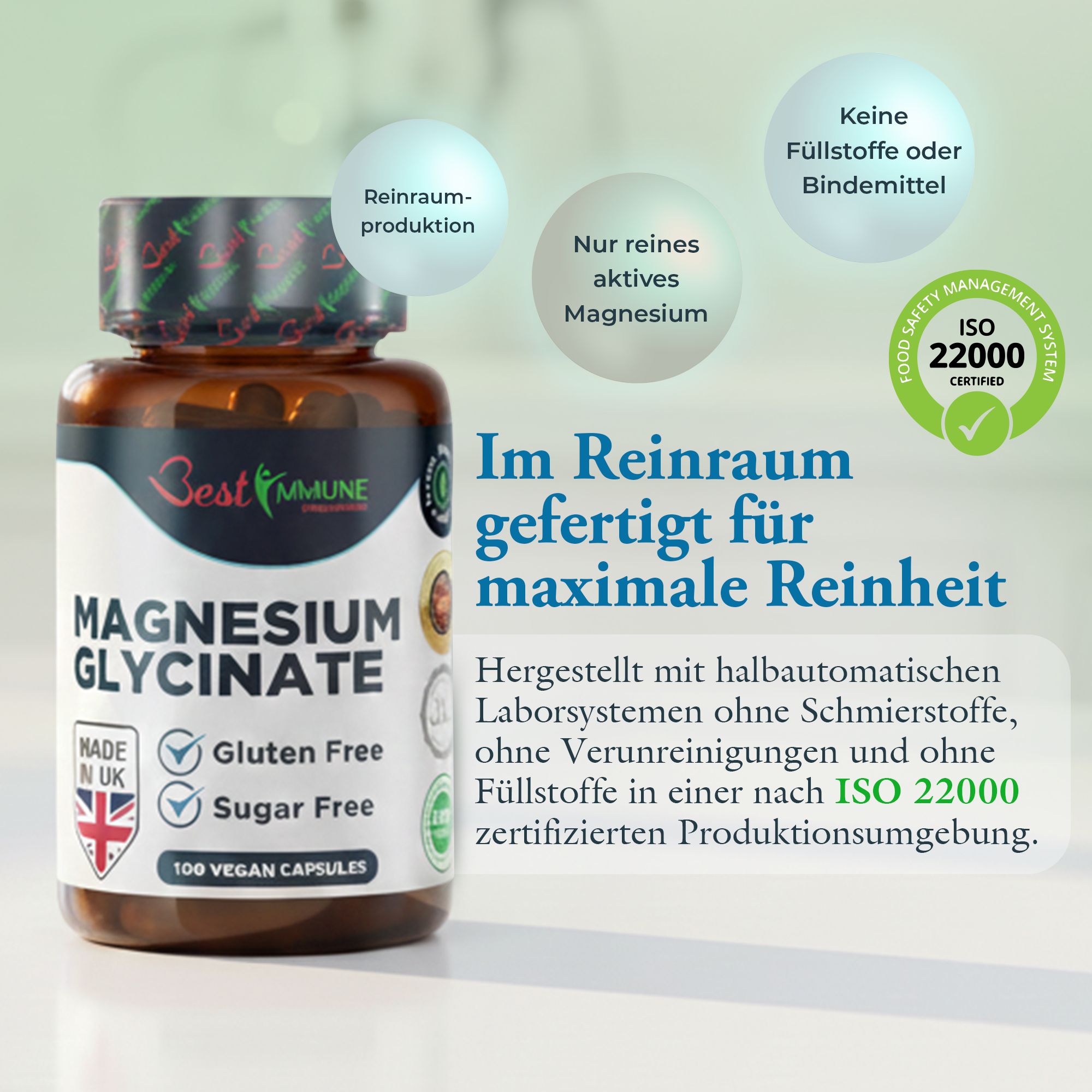 Braune Flasche mit Magnesiumglycinat-Kapseln, ISO 22000-zertifiziert, Made in UK.