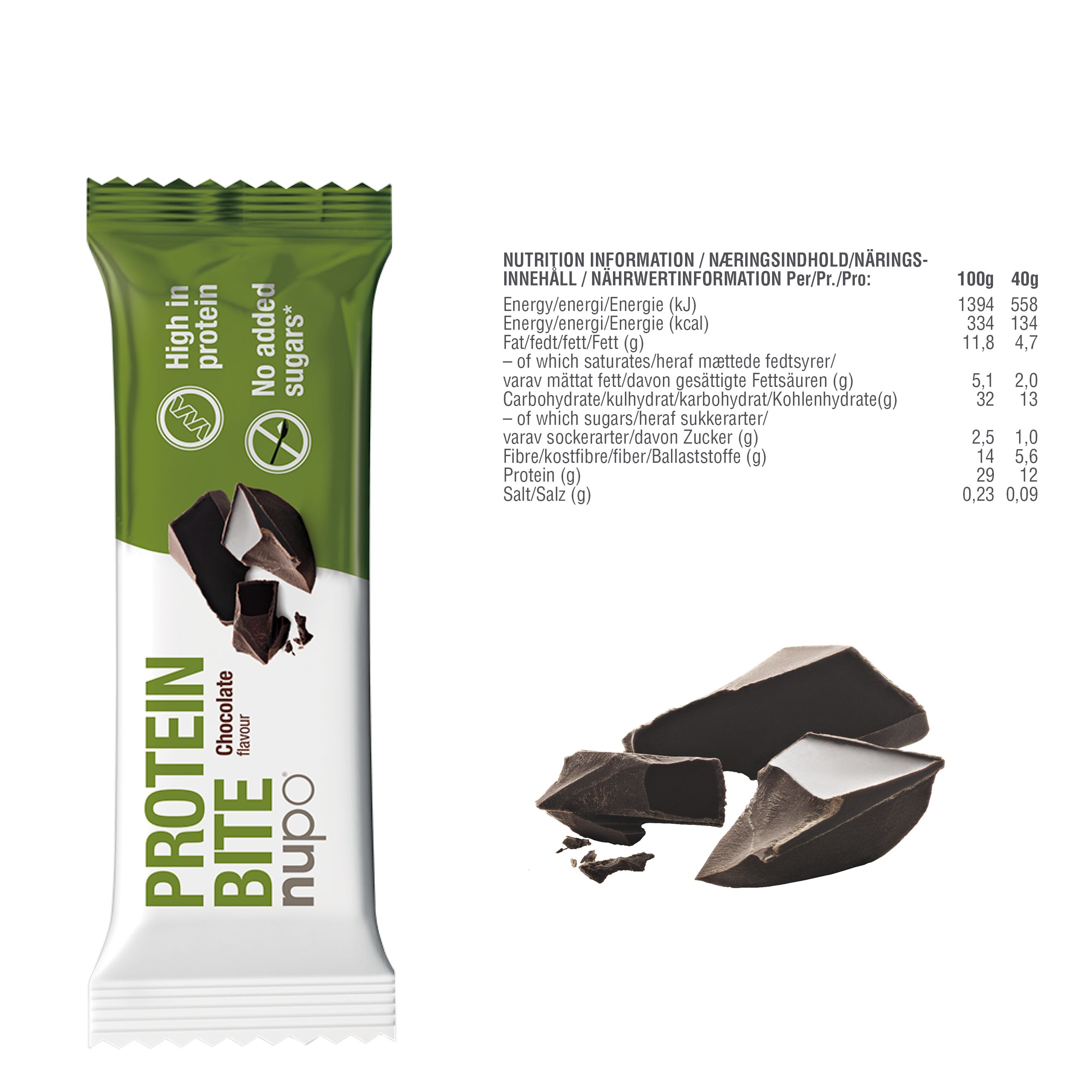 Protein Bite Schokoriegel. Verpackung und Schokoladenstücke. Nährwertangaben: Energie, Fett, Kohlenhydrate, Ballaststoffe, Zucker, Salz.
