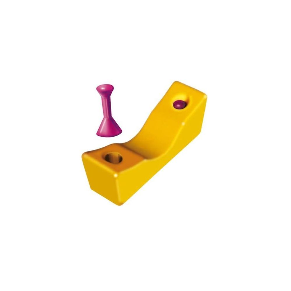 Gelber Haltekeil mit zwei Löchern und einem pinken Stöpsel. Medizinprodukt-Komponente.