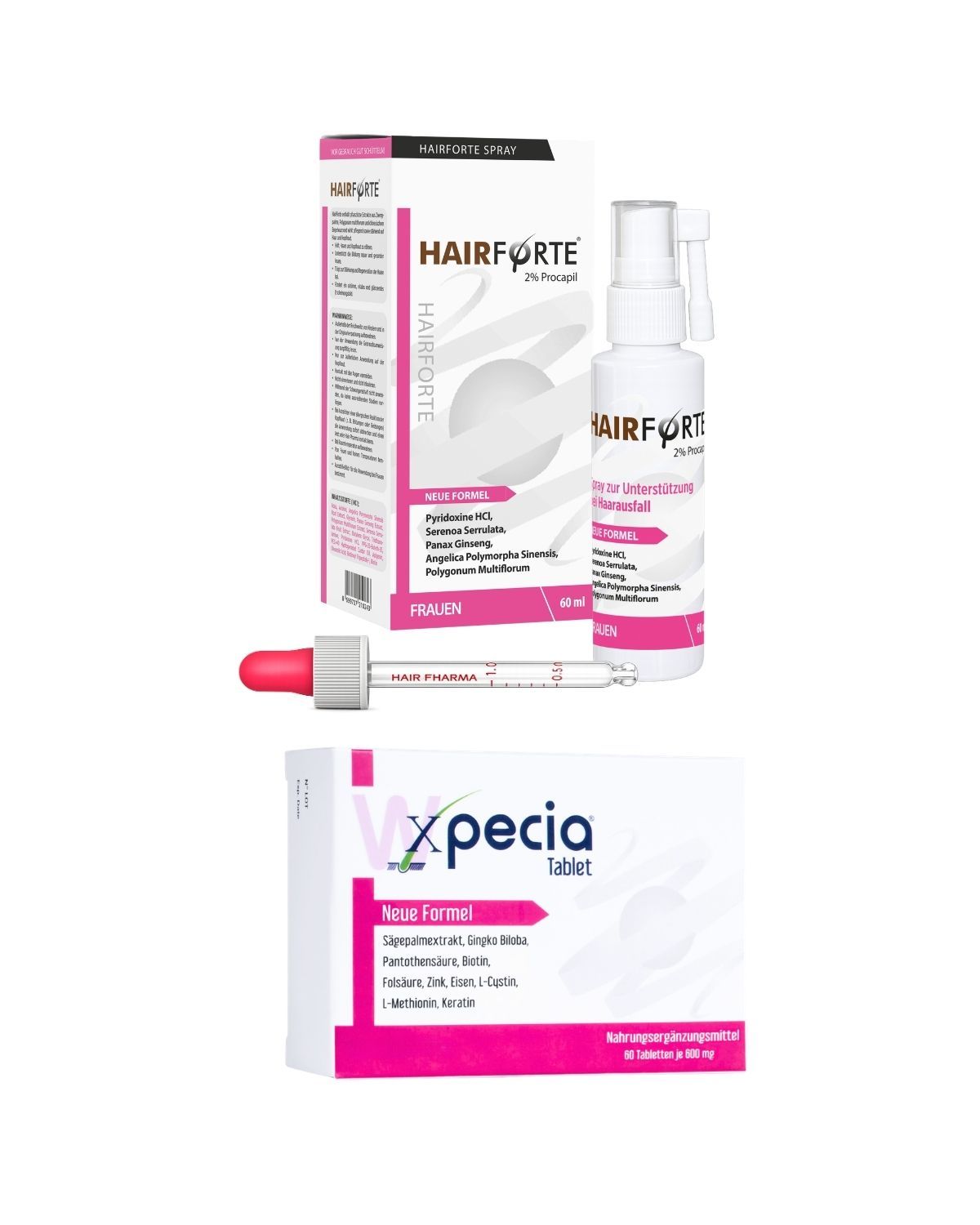 Haarverzorgingsset voor vrouwen – Xpecia-tabletten & Hairforte-spray 1 maand Set